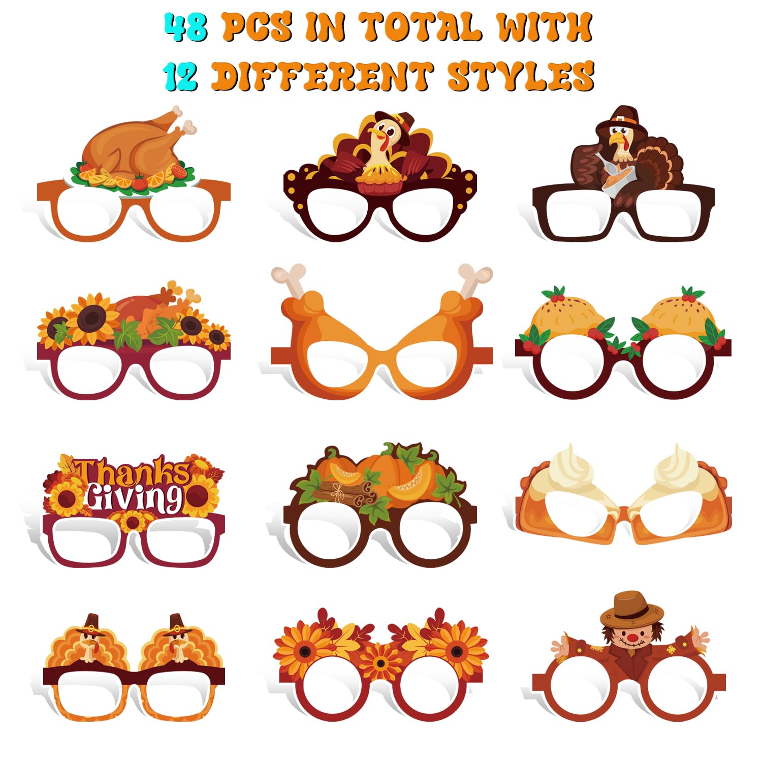 48 Pcs Thanksgiving Glasses - Turkey Themed Party Glasses for Kids & Adults | Thanksgiving Photo Props, Party Favors & Celebration Accessories | Perfect for Thanksgiving Dinner, Family Gatherings & Holiday Parties