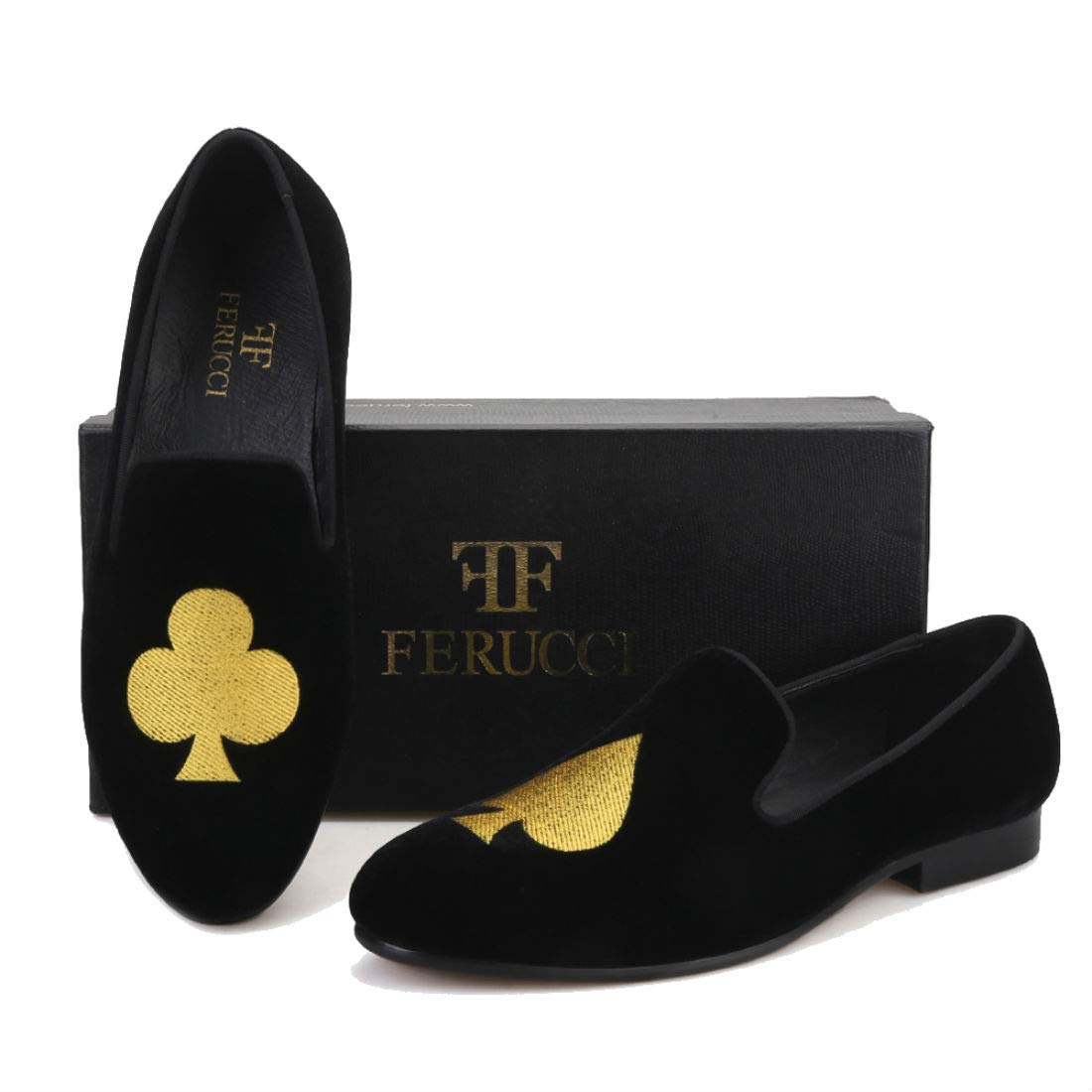 FERUCCI Men's Black Velvet Loafers with Gold Embroidered Spade & Club - Comfortable House Slippers for Indoor/Outdoor Wear, Perfect Gift for Dad & Husband