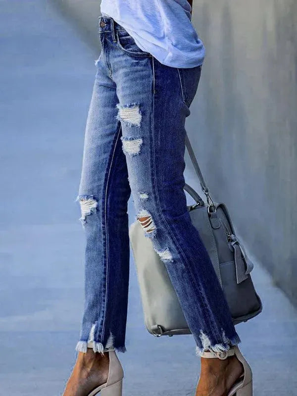 Women's Ripped Straight Leg Jeans - High Waist Distressed Denim Pants for Casual Wear & Street Style Fashion