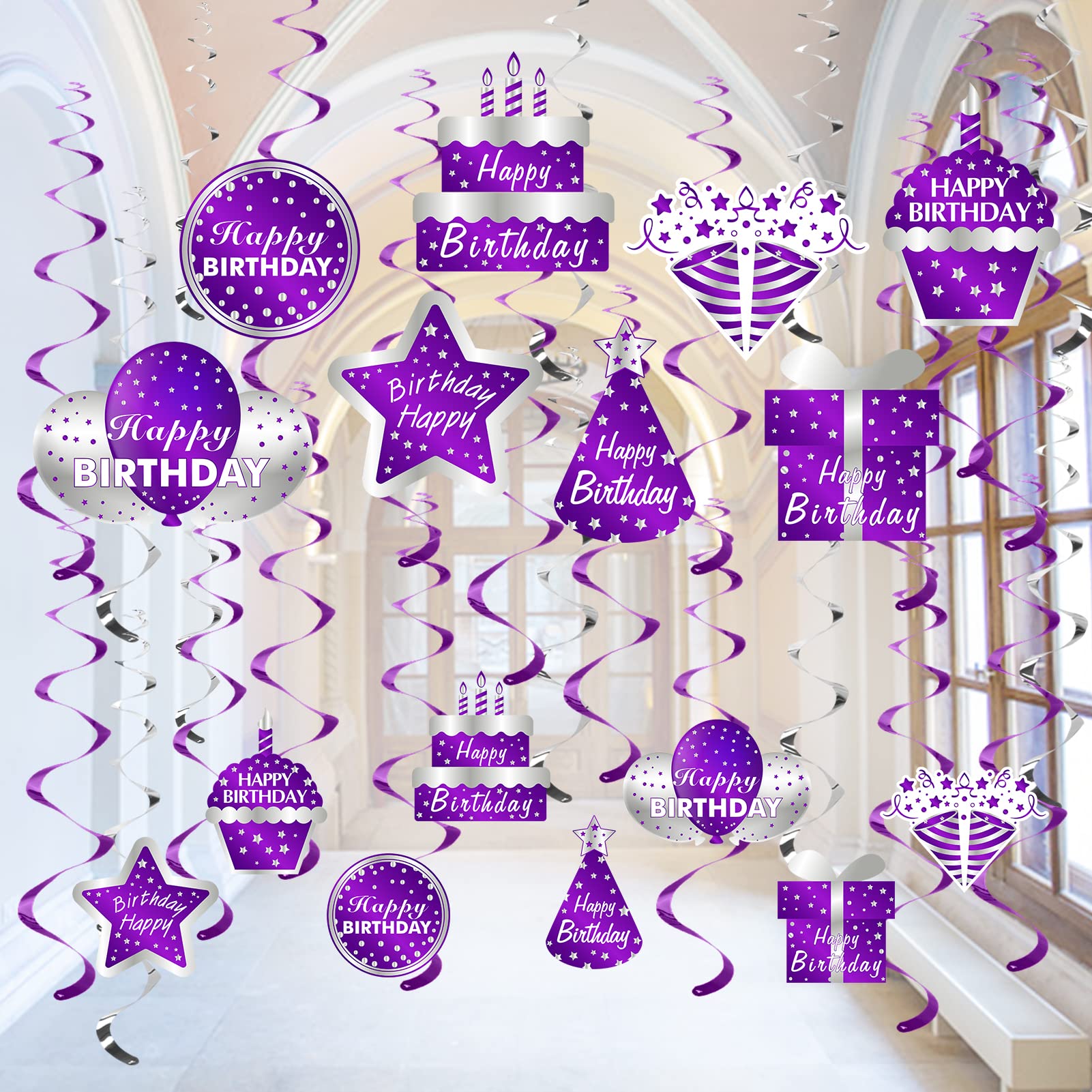 16Pcs Purple & Silver Happy Birthday Hanging Swirl Decorations - Foil Ceiling Swirls for Women, Girls Birthday Parties - Perfect for 10th, 16th, 18th, 21st, 30th, 40th, 50th, 60th Milestone Celebrations - Great for Home, Ballroom & Banquet Decor