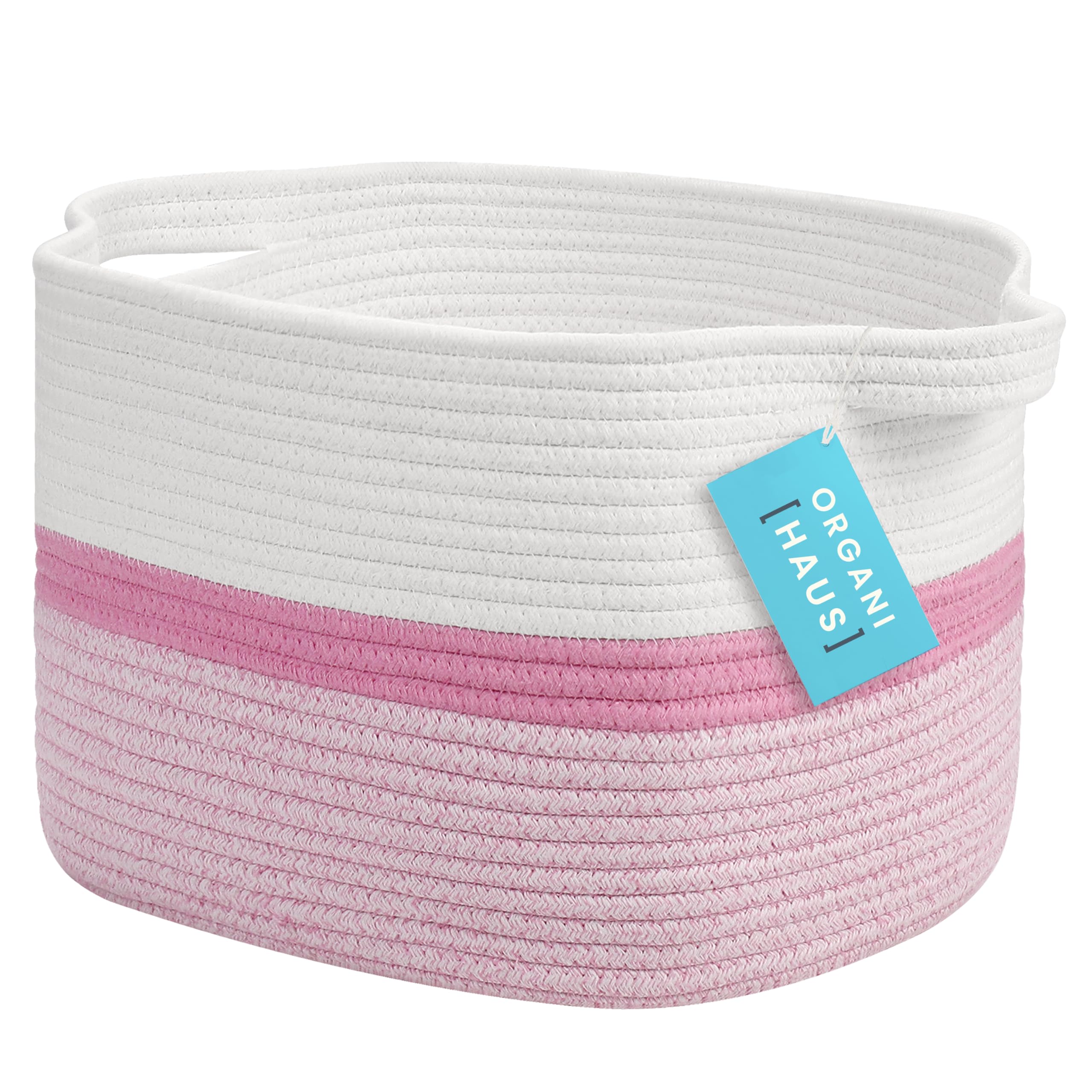 OrganiHaus Boho Book Basket - Soft Cotton Rope Storage Bin for Nursery, Living Room & Bedroom - Decorative Woven Basket for Books, Blankets, Toys & Magazines - Pink Home Organizer (14x9 Inches)