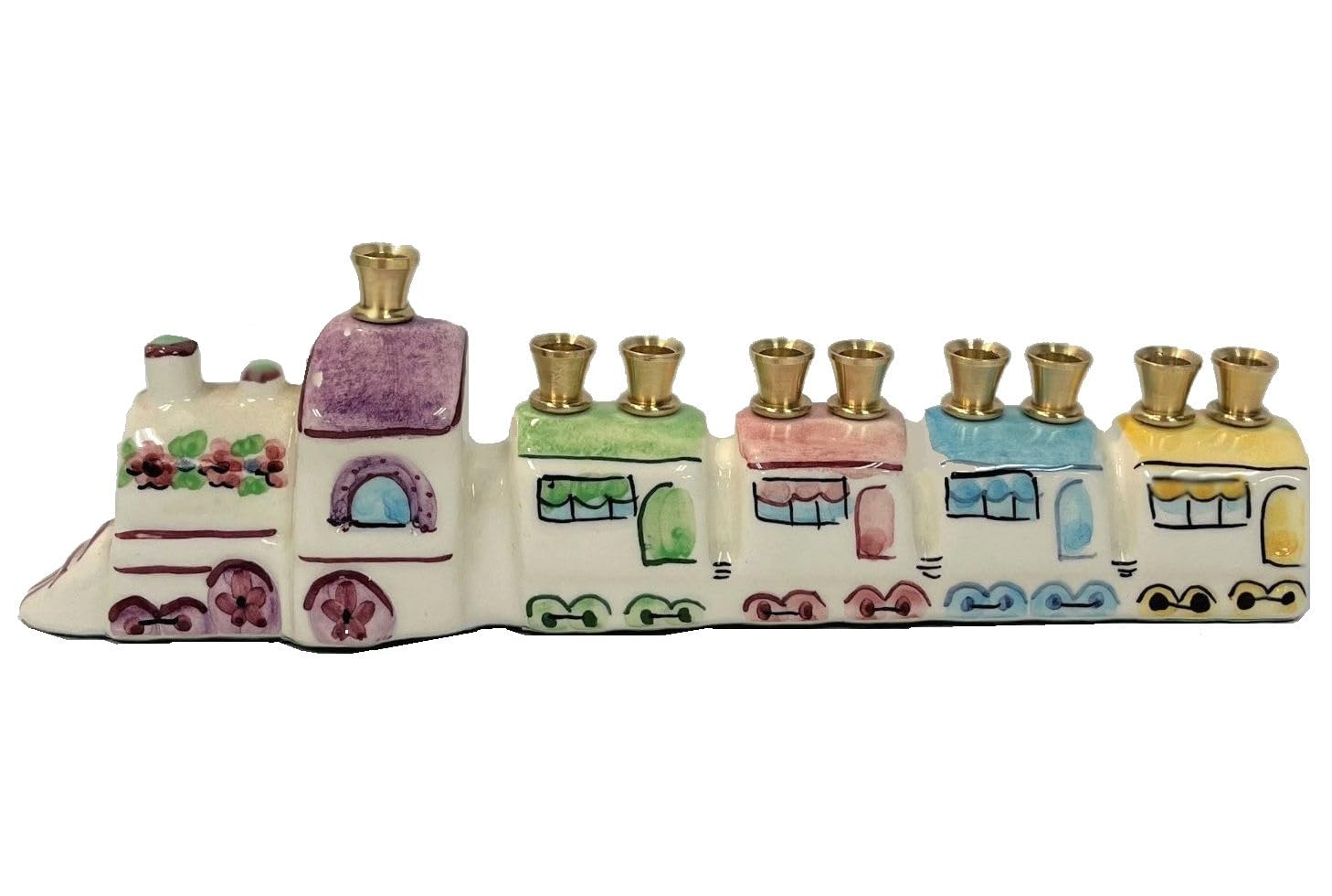 Hand Painted Hanukkah Menorah with Brass Cups - Unique Jewish Holiday Train-Themed Candle Holder for Hanukkah Celebrations, Home Decor & Gift Giving