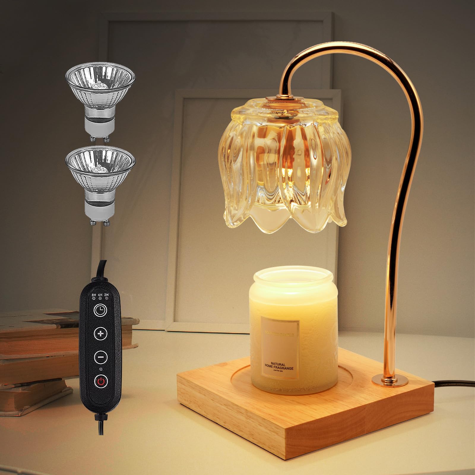 Tulip Candle Warmer Lamp with Timer & Dimmer - Wooden Base & Clear Glass Shade Wax Melter for Home Decor, Romantic Ambiance & Aesthetic Room Lighting - Perfect Gift for Women, Mothers Day, Valentine's Day & Housewarming