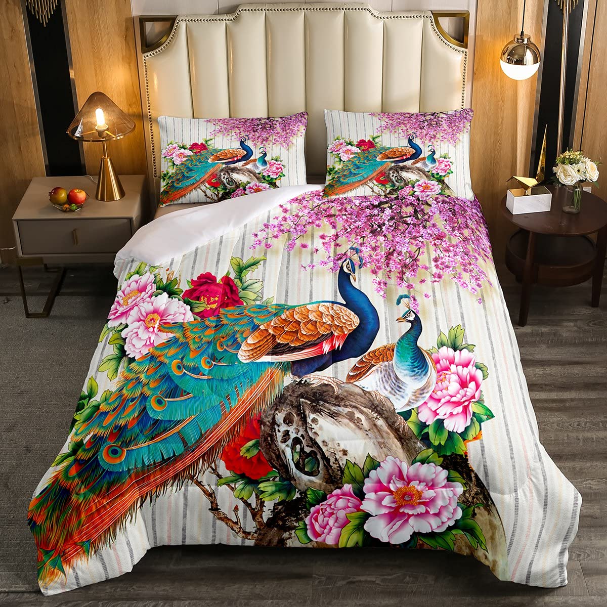 Peacock Comforter Set Twin Size - Pink Floral Bedding Set for Kids, Girls & Teens - 2pc Duvet Cover with Peacock Print & 1 Pillowcase - Animal Theme Quilted Bedding for Cozy Bedrooms & Dorm Rooms