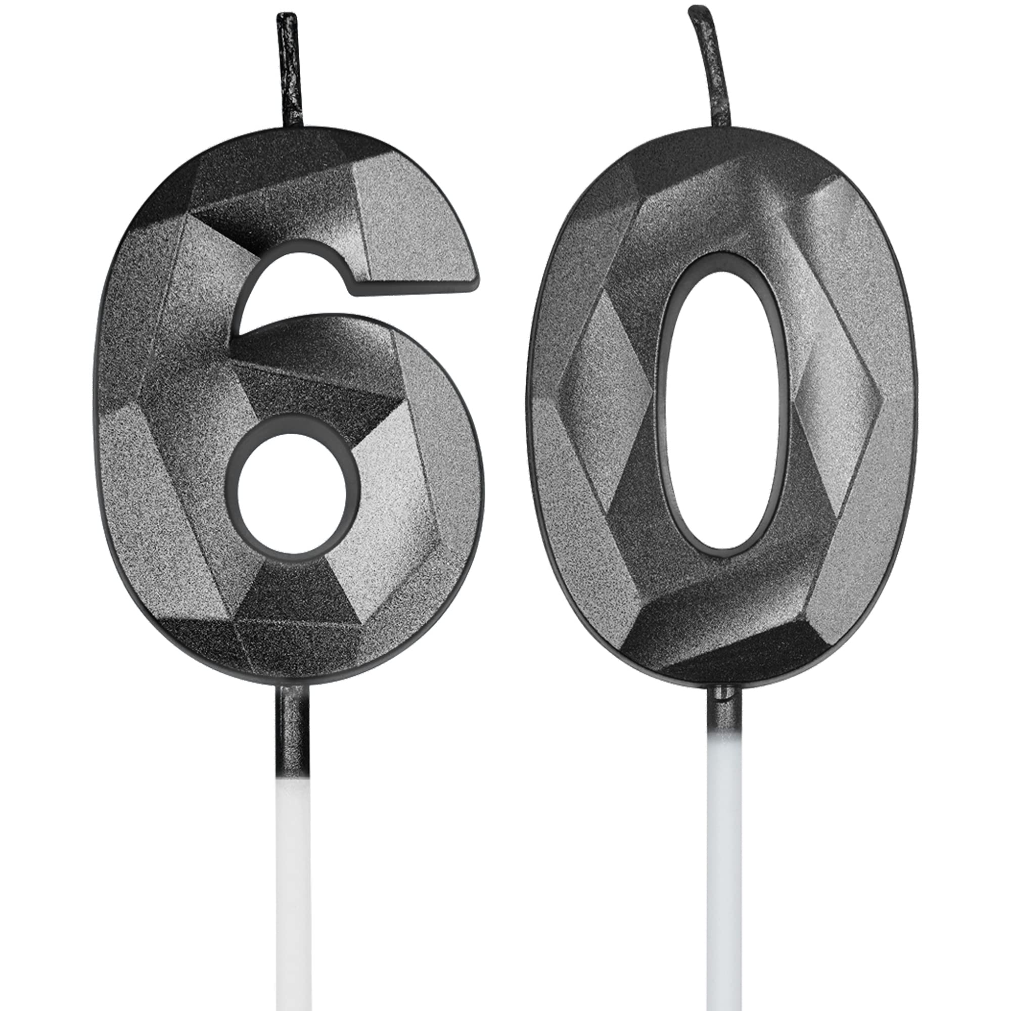 60th Birthday Cake Candles - Black 3D Diamond Number 60 Candles for Women & Men | Birthday Party Decorations & Supplies for Anniversary Celebrations