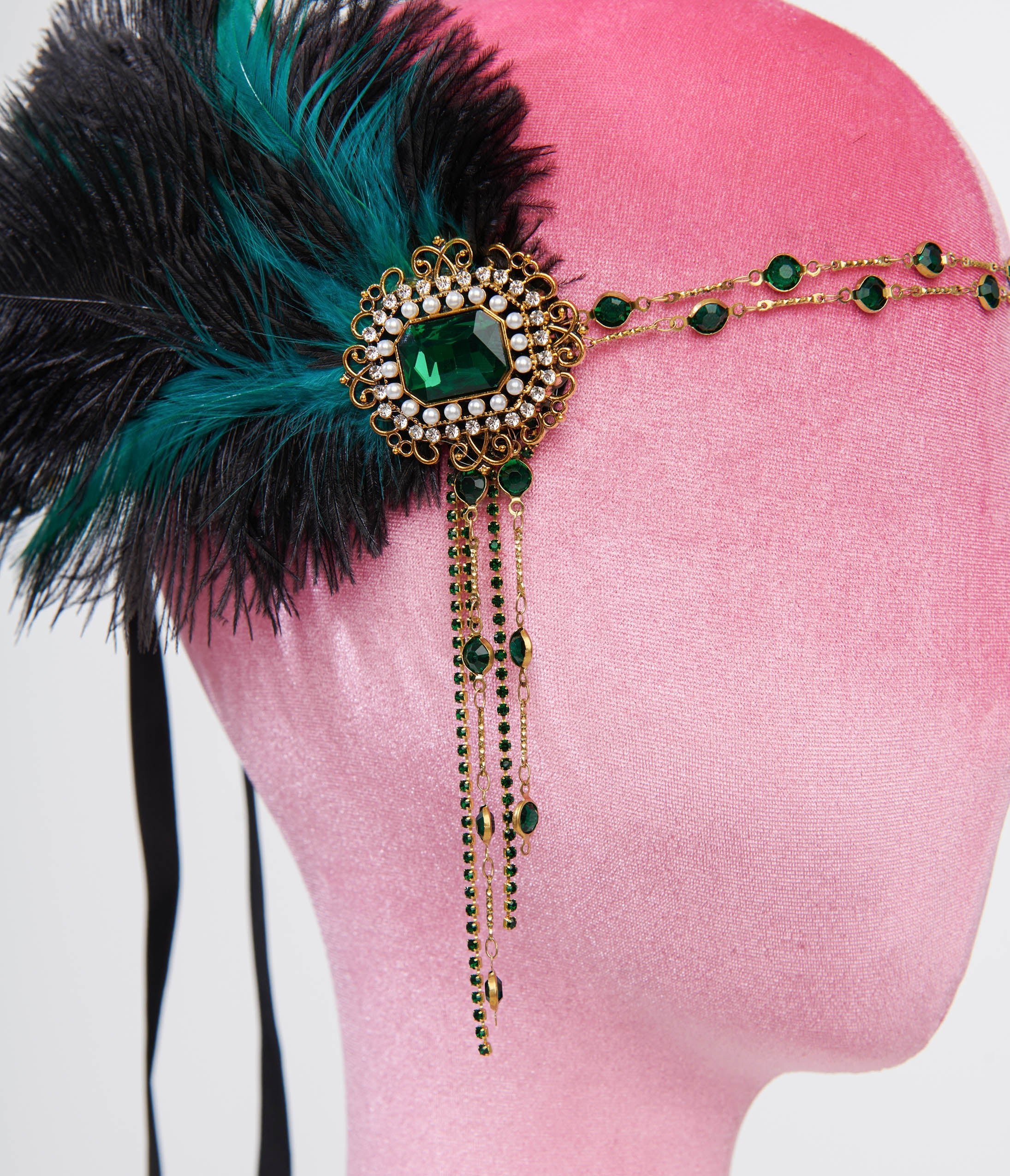 Vintage 1920s Black Feather & Emerald Rhinestone Headband - Roaring 20s Gatsby Flapper Headpiece for Costume Parties, Weddings, and Themed Events