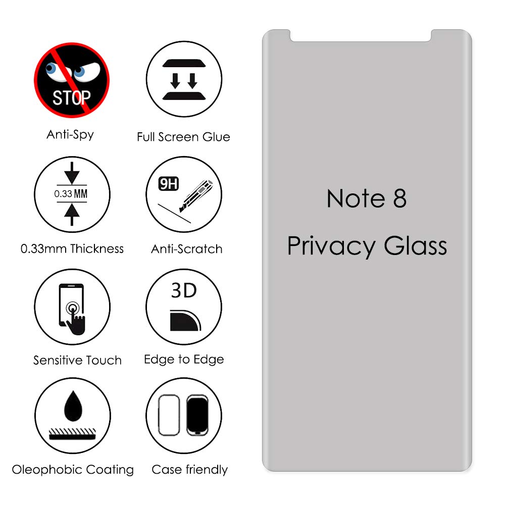 Galaxy Note 8 Privacy Screen Protector - Tempered Glass Full Coverage, Anti-Spy & Scratch Resistant, Edge-to-Edge Protection with Sensitive Touch (Perfect for Office Privacy & Personal Security)