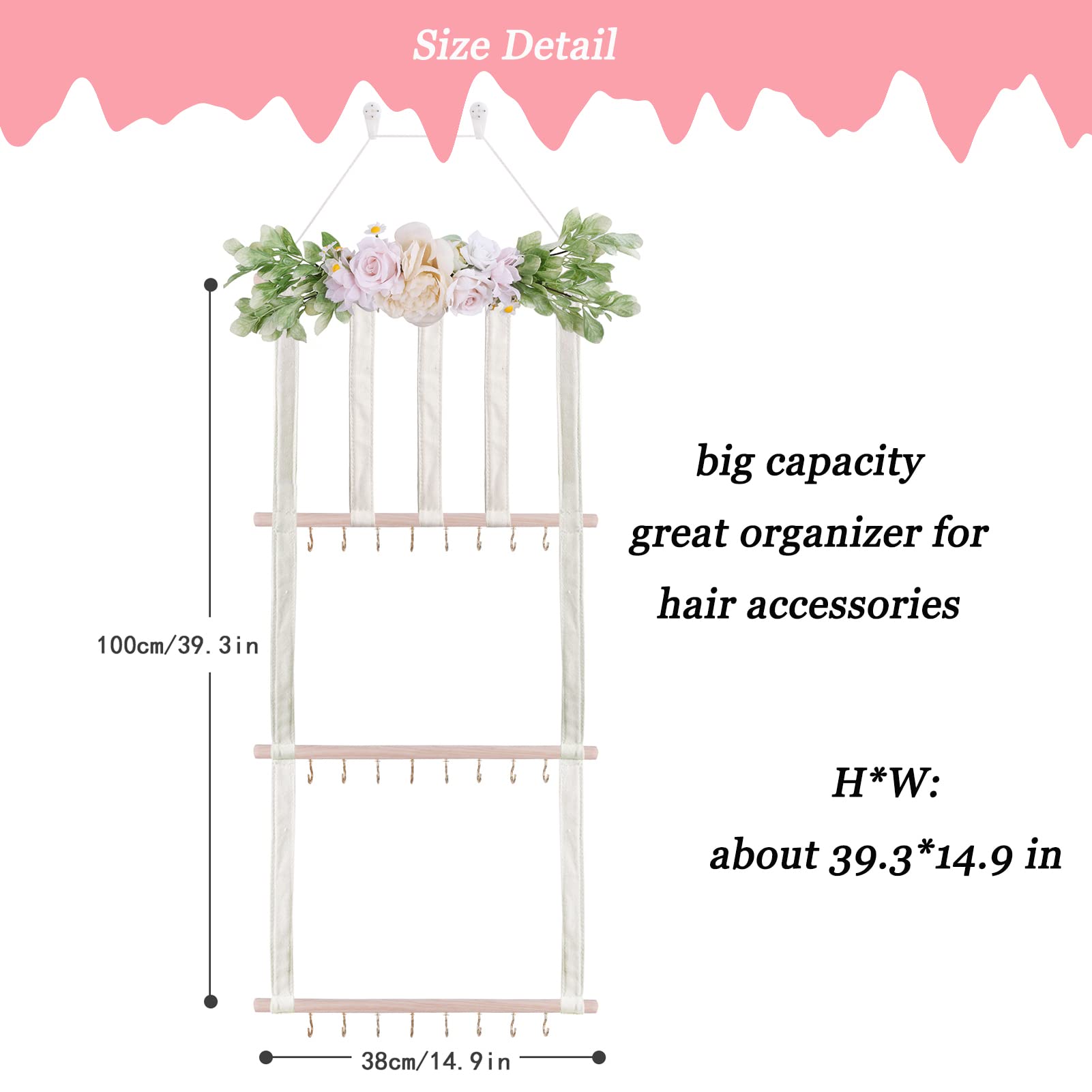 Flower Hair Bow Holder for Girls - Baby Headbands Organizer & Hair Accessories Storage - Wall Mounted Nursery Decor for Toddler Rooms (Perfect for Bedroom, Closet & Birthday Gift)