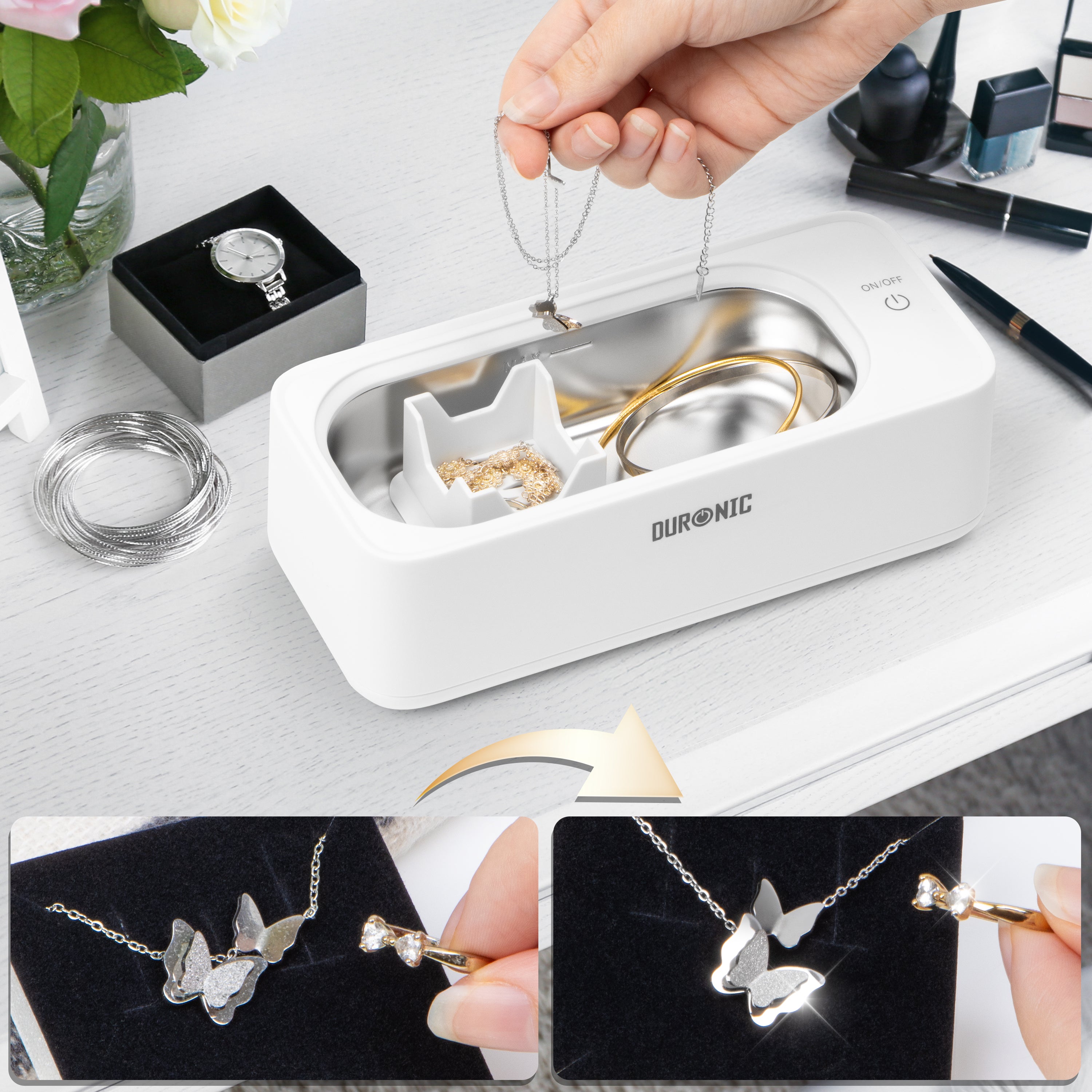 Duronic UC30 Ultrasonic Cleaner - 300ml Portable Jewelry Cleaner with 53KHz Frequency | Compact 18W Watch, Retainer, Denture & Glasses Cleaner | Perfect for Home, Travel & Professional Jewelry Care
