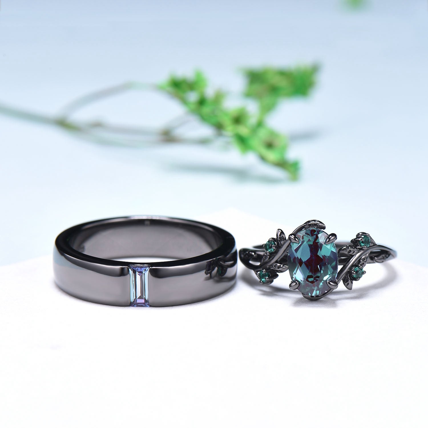 14K Black Gold Alexandrite Couple Ring Set - His & Hers Wedding Bands, Nature-Inspired Twig Design Engagement Rings for Men & Women - Perfect Promise Gift for Anniversaries, Proposals & Romantic Occasions