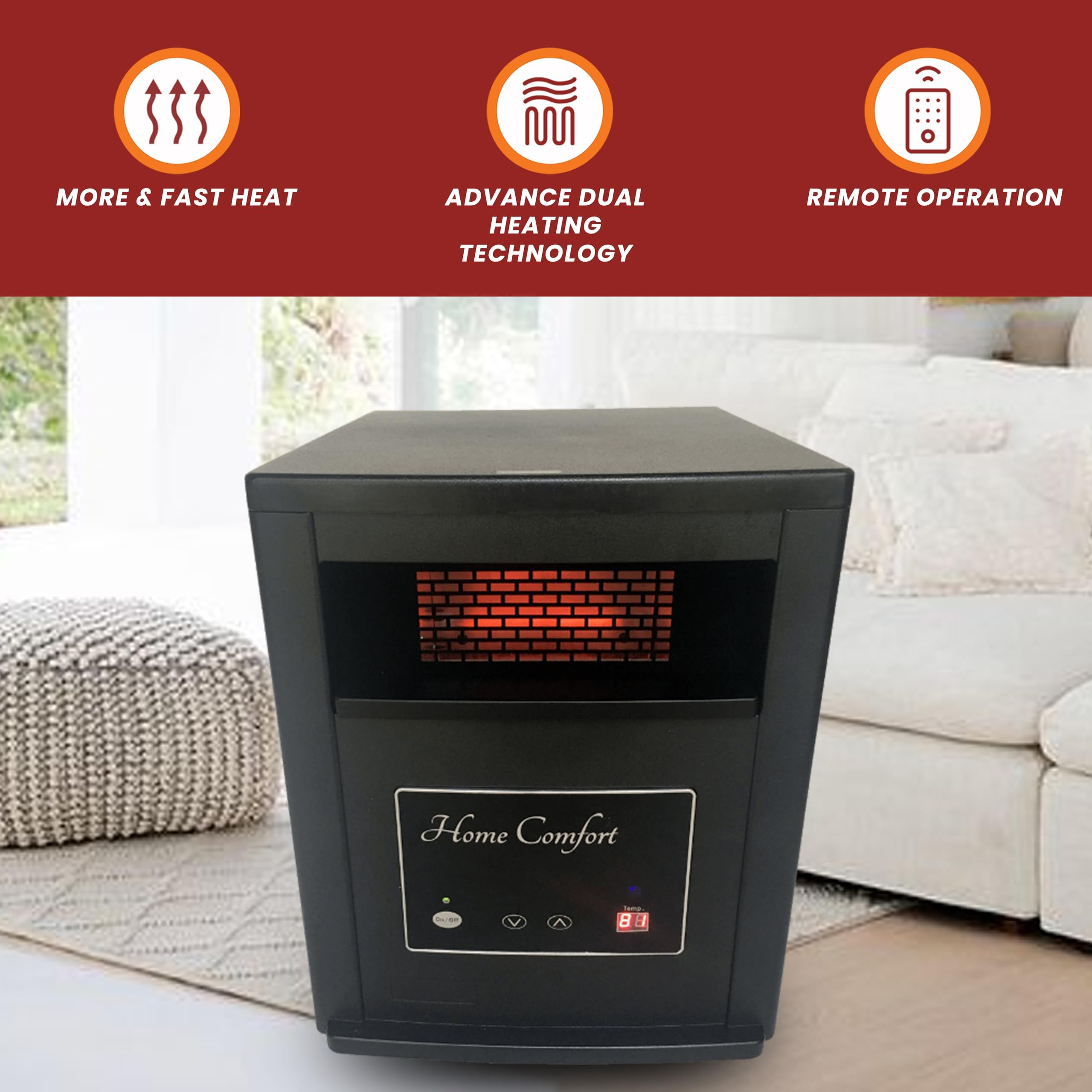 1500W Infrared Space Heater with Thermostat & Remote - Energy Efficient Portable Heater for Bedroom, Living Room & Large Areas - Year-Round Indoor Heating Solution - Perfect for Winter Nights & Office Use - Black