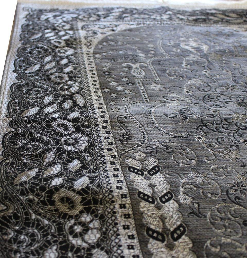 Premium Chenille Islamic Prayer Mat with Elegant Metallic Ottoman Design - Dark Grey Gift Box - Perfect for Home, Mosque, and Travel Use