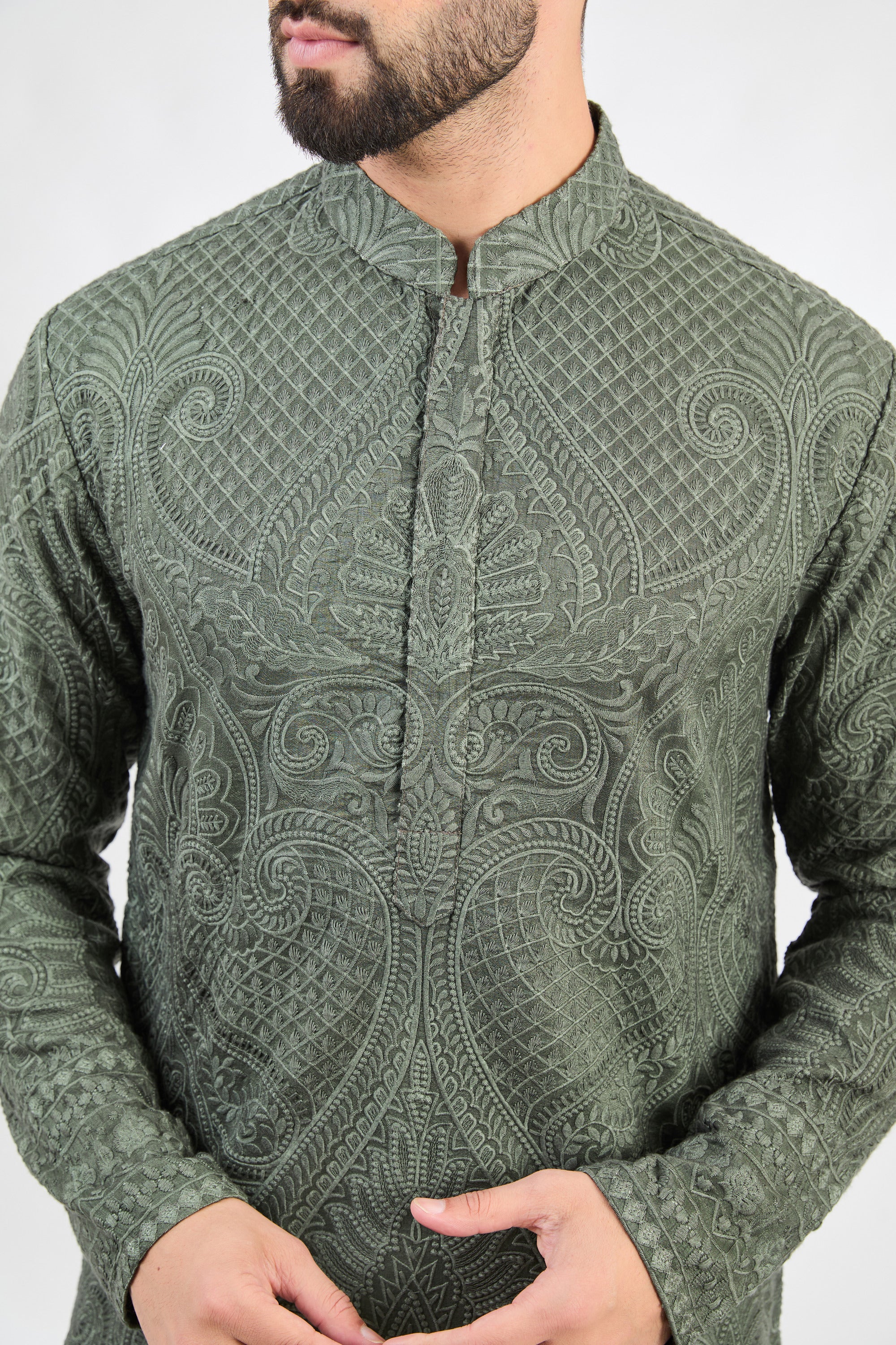 Military Green Kashmiri Embroidered Chikankari Kurta for Women - Traditional Indian Handcrafted Tunic - Perfect for Festivals, Weddings & Ethnic Occasions