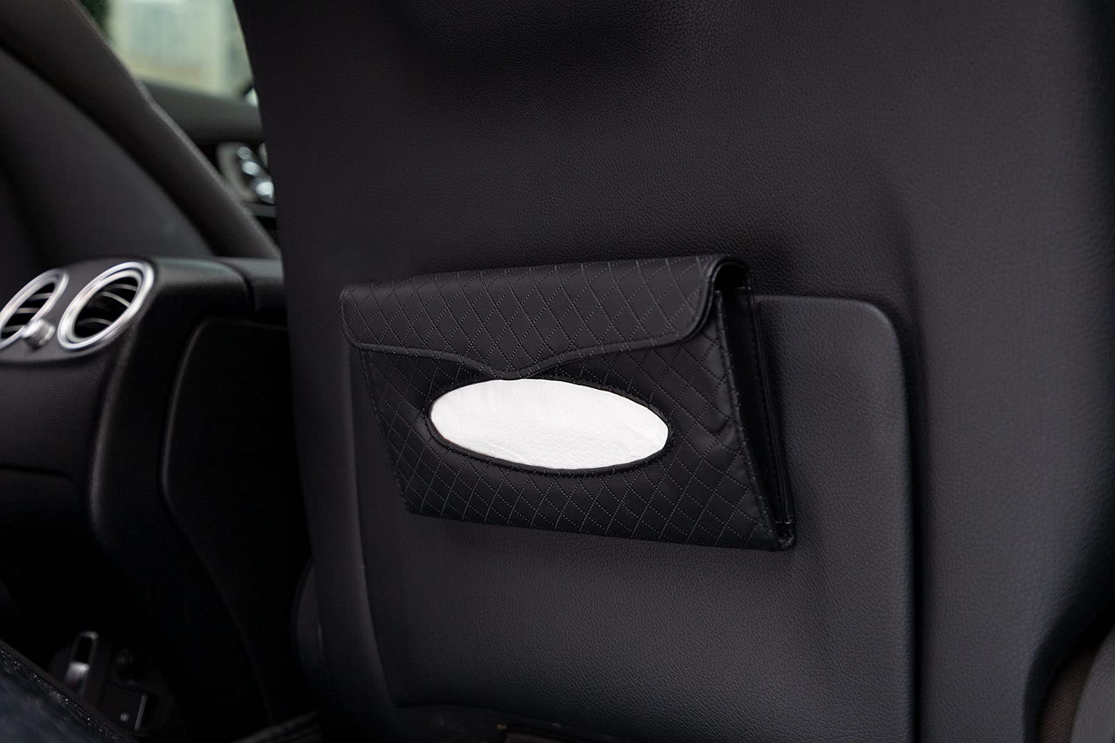 Uphily Premium PU Leather Car Tissue Box Holder - Luxury Sun Visor Napkin Organizer for Vehicles, Hanging Backseat Tissue Dispenser for Cars & Trucks (Black Plaid) - Perfect for Road Trips & Daily Commute