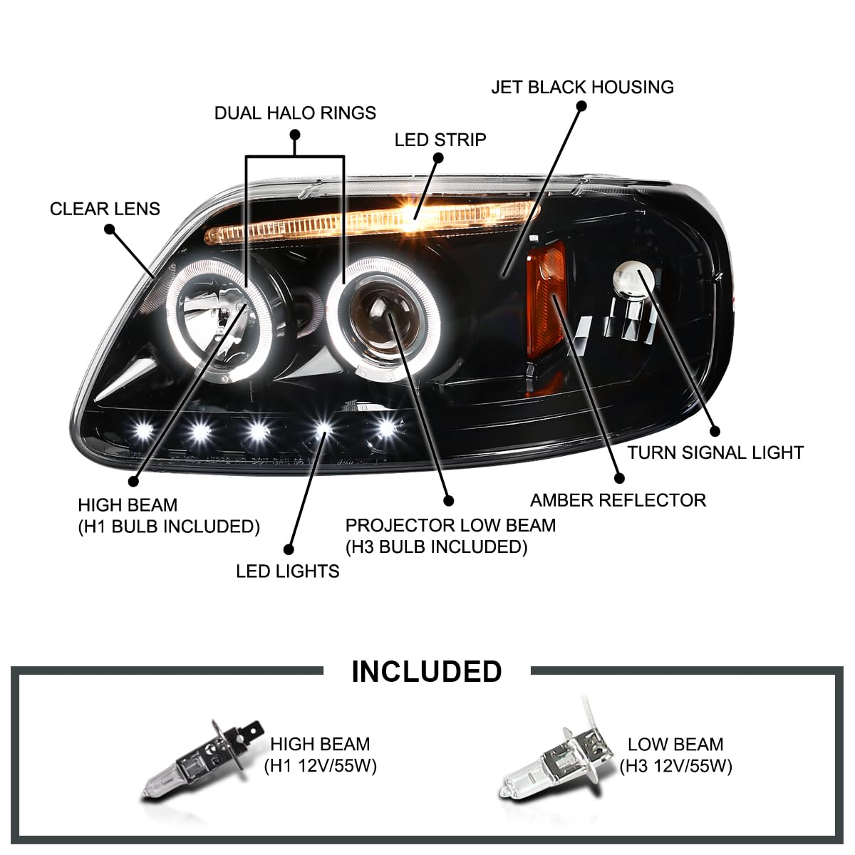 Spec-D LED Halo Headlights for 1997-2003 Ford F150 & Expedition - Black Projector Lights for Off-Road & Night Driving