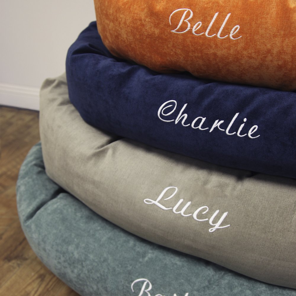 Majestic Pet Personalized Bagel Dog Bed - Machine Washable Soft Comfortable Sleeping Mat with Durable Support - Custom Embroidered Pet Bed with Replaceable Covers - Large Navy Blue Dog Cushion for Cozy Napping & Home Decor