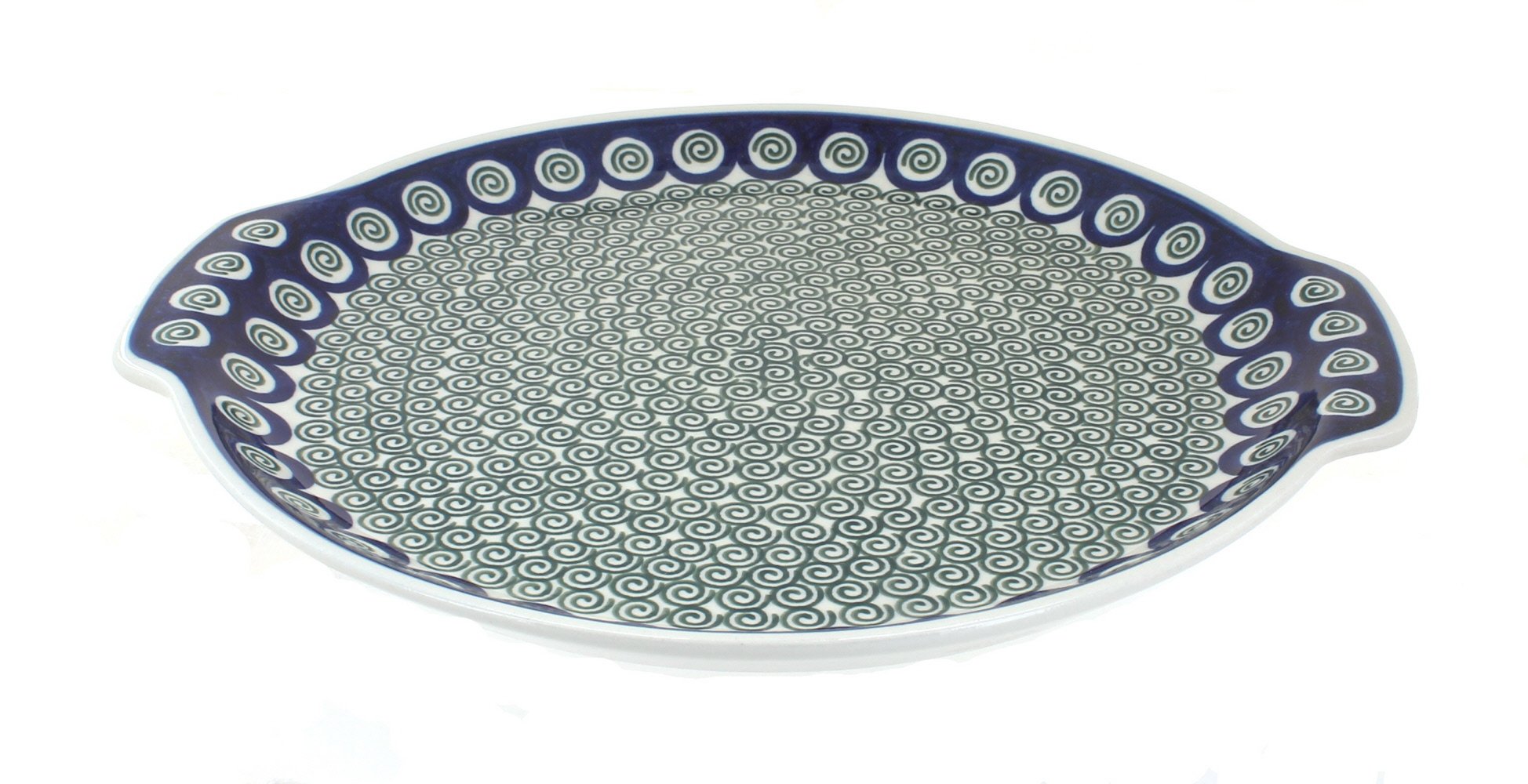 Handmade Blue Rose Polish Pottery Peacock Swirl Round Serving Tray with Handles - Elegant Appetizer Platter for Tea Parties, Bridal Showers & Home Decor