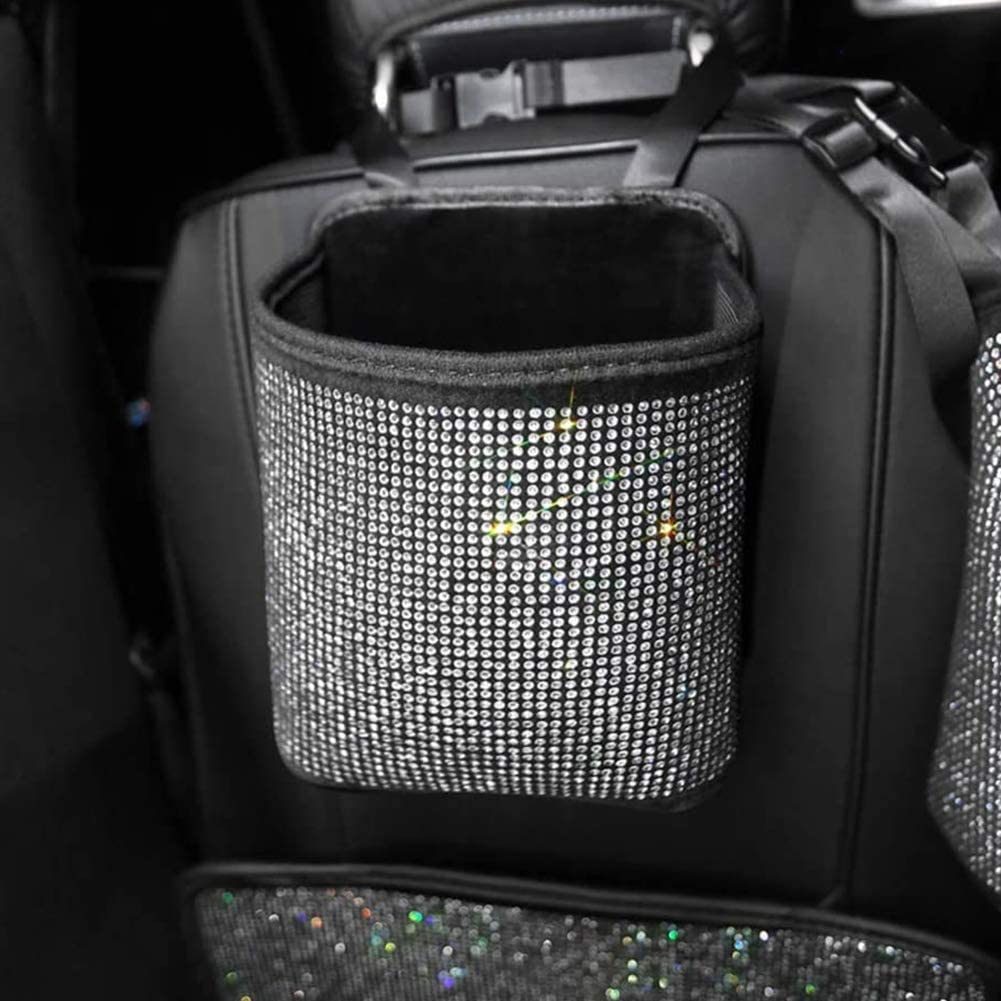 Premium Bling Crystal Car Seat Organizer - 2 Pack Diamond Car Accessory for Front/Back Seat Storage, Travel Caddy Bag & Garbage Pocket Bin (Pure White) - Perfect for Road Trips, Family Travel & Daily Commute