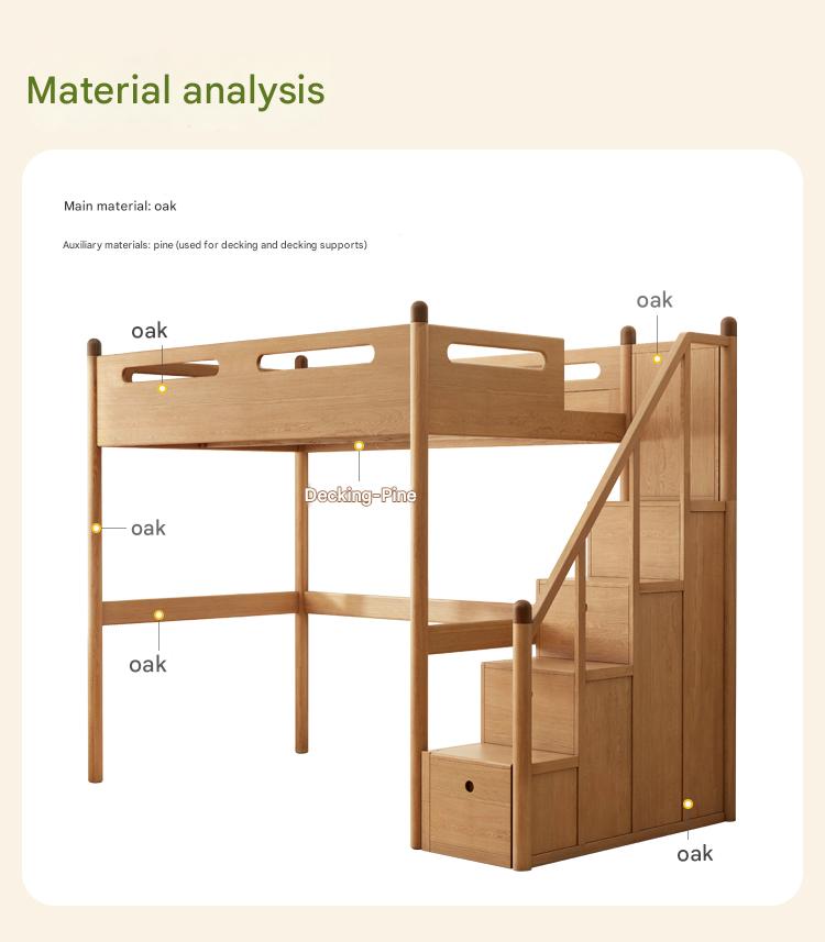 Solid Oak Wood Loft Bed with Storage Cabinet - Space-Saving Furniture for Small Rooms, Kids Bedroom & Dormitory