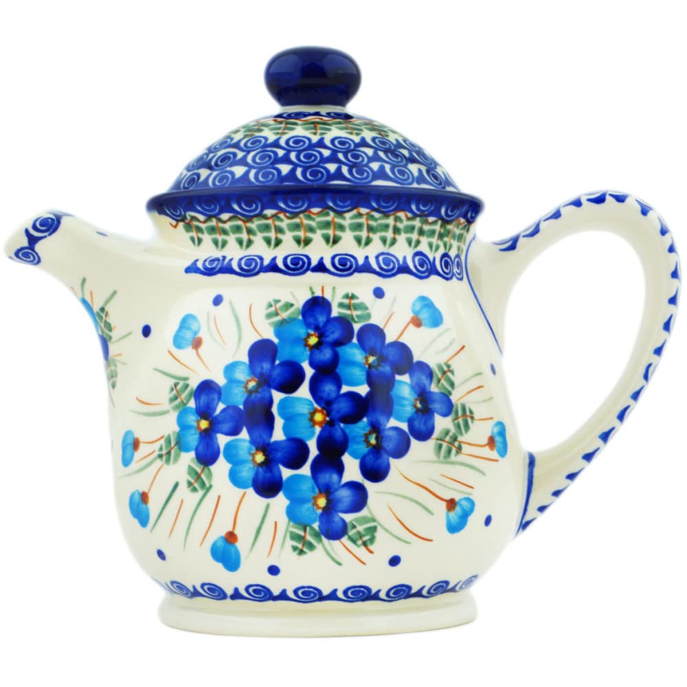 Authentic Polish Pottery 5-Cup Tea & Coffee Pot - Handmade Blue Pansy Design with Certificate - Perfect for Afternoon Tea, Gifts & Farmhouse Kitchen Decor