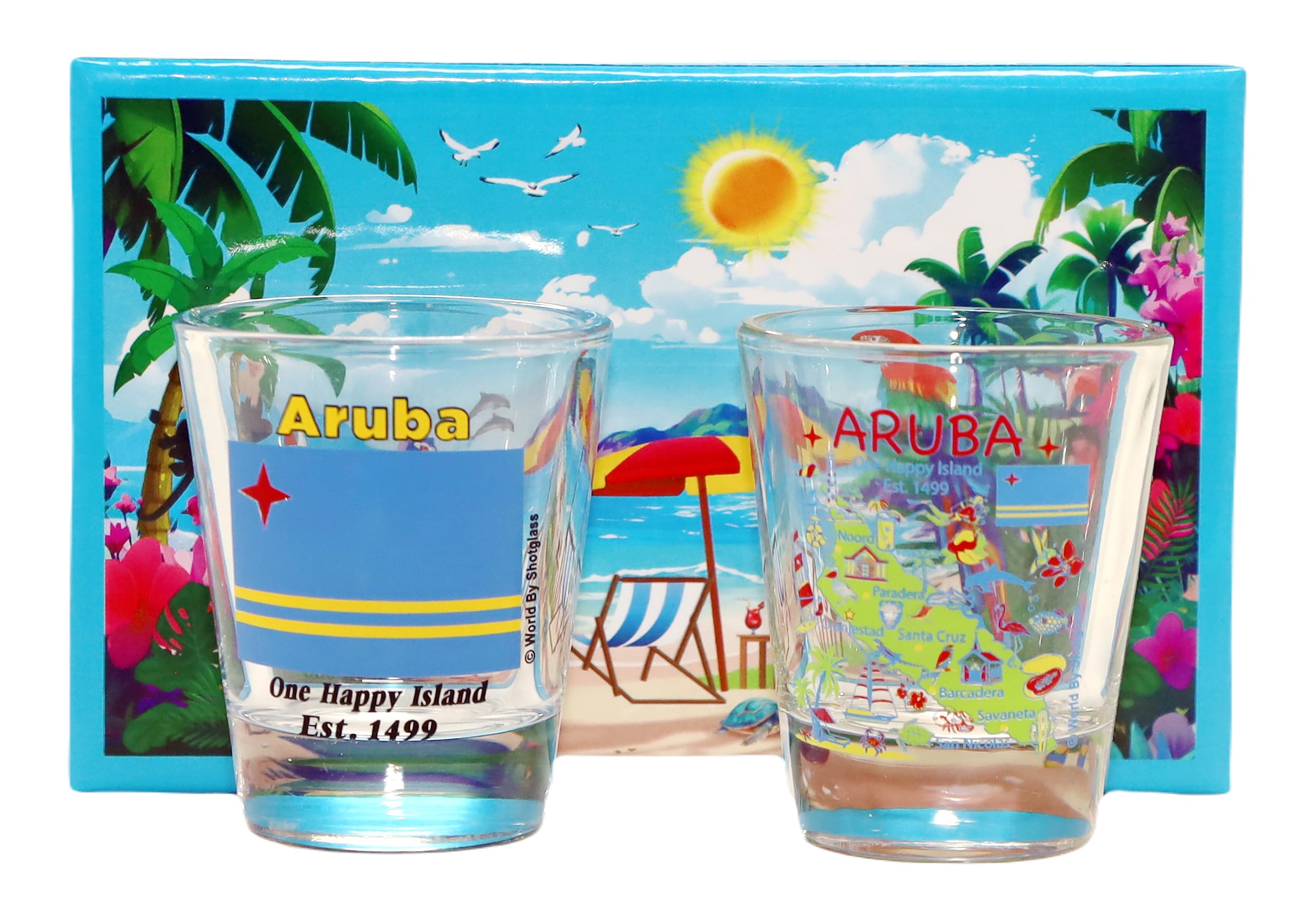 Aruba Caribbean Boxed Shot Glass Set of 2 - Premium Glassware for Tequila, Whiskey & Cocktails - Perfect for Beach Parties, Tropical Themed Events & Home Bar Decor