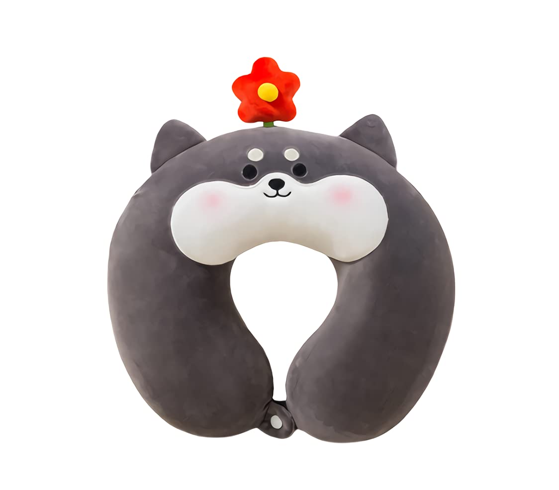 Cute Corgi Dog U-Shaped Neck Pillow - Soft Shiba Inu Akita Plush Stuffed Animal - Perfect Gift for Kids & Travel Comfort (Black)