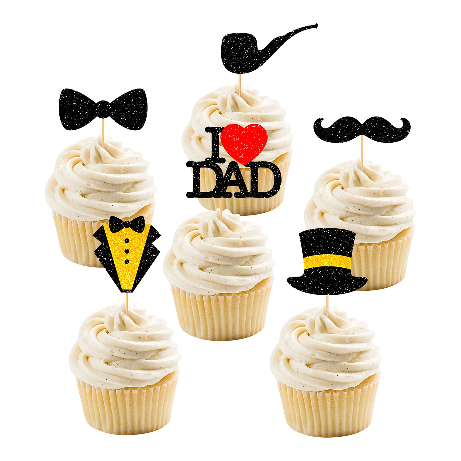 36Pcs Black Glitter Cupcake Toppers for Father's Day - I Love Dad Cake Decorations with Bow Tie, Mustache, Hat & Necktie - Perfect for Father's Birthday Party, DIY Cake Decorating & Holiday Celebrations