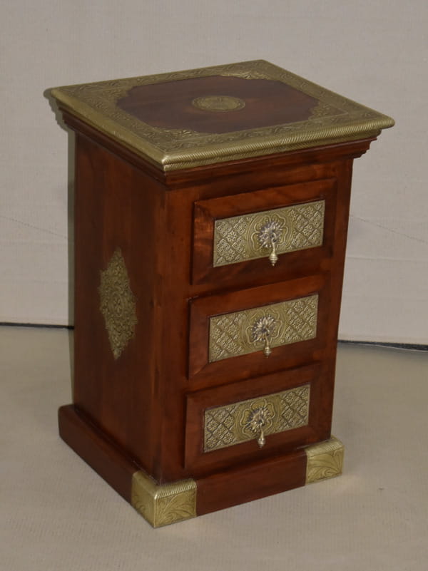 Handcrafted Embossed Brass Wooden Bedside Table with Drawers - Vintage Indian Furniture for Bedroom Decor | Nightstand for Master Bedroom, Guest Room & Nursery