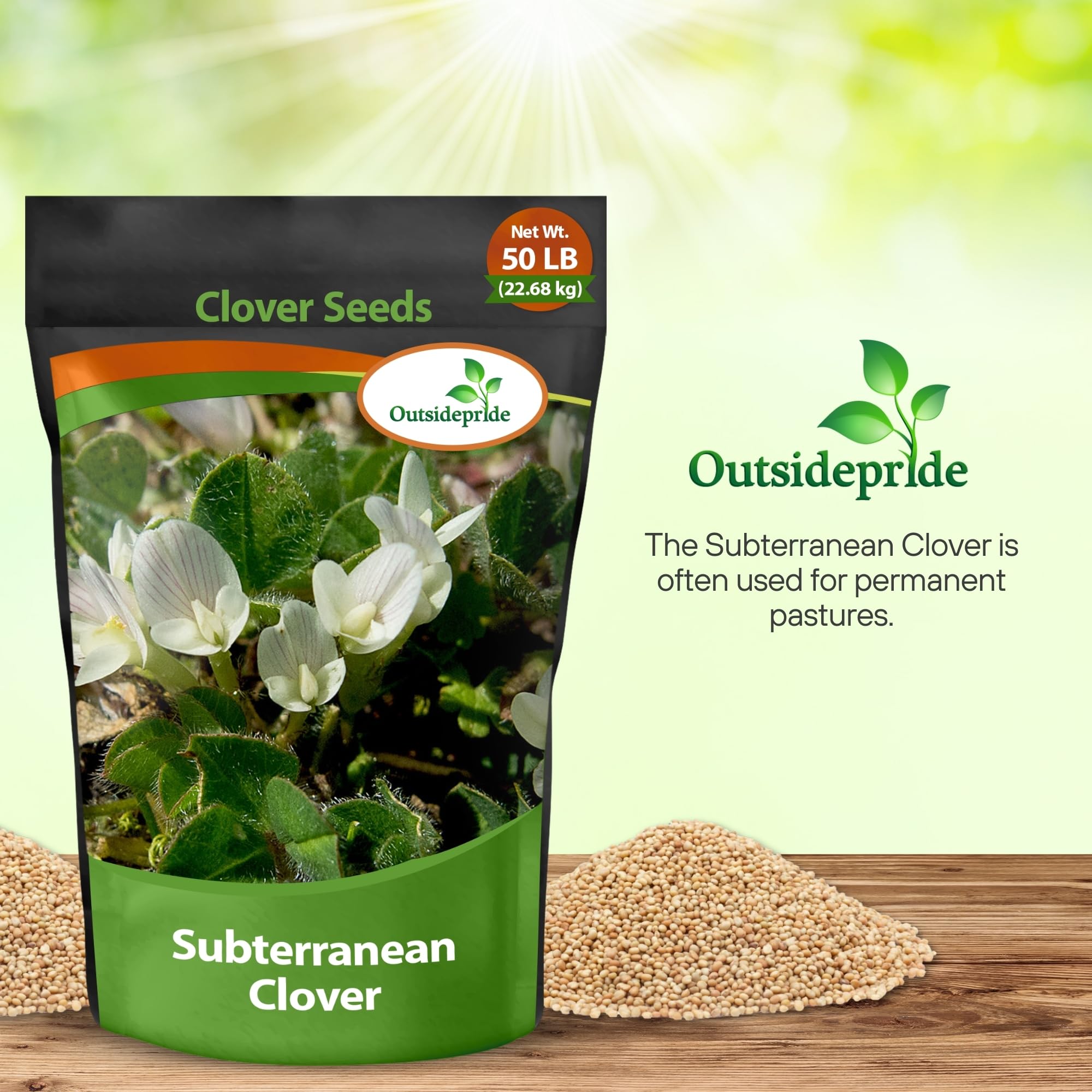 Outsidepride Annual Subterranean Clover Seeds for Lawn - 50 lbs. Cold Hardy, Nitrogen-Fixing Cover Crop Seeds for Pasture, Forage & Ground Cover | Soil Improvement & Wildlife Grazing | Perfect for Pastures, Gardens & Erosion Control