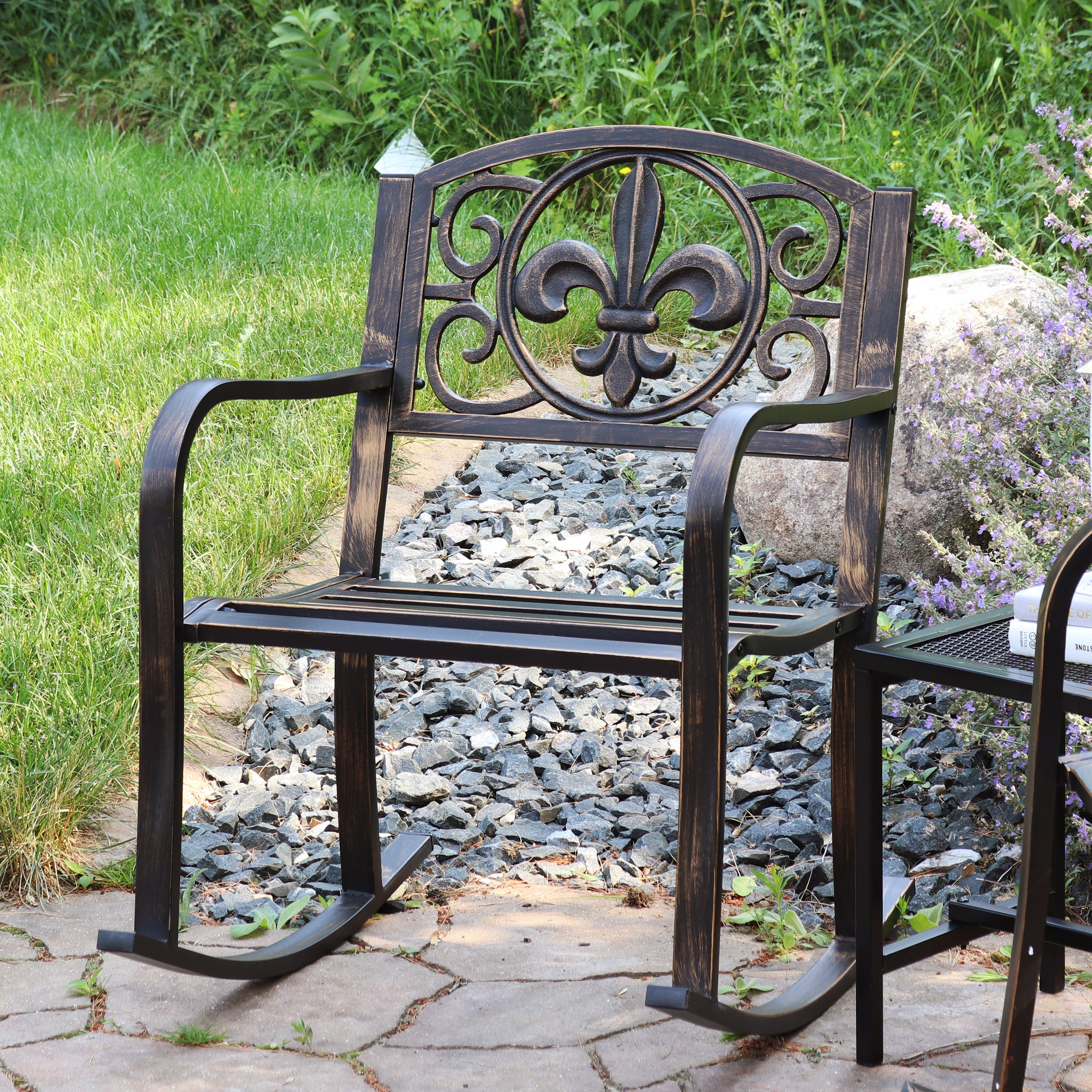 Sunnydaze Cast Iron and Steel Outdoor Rocking Chair with Fleur de Lis Design - Perfect for Garden, Patio, Porch & Backyard Relaxation