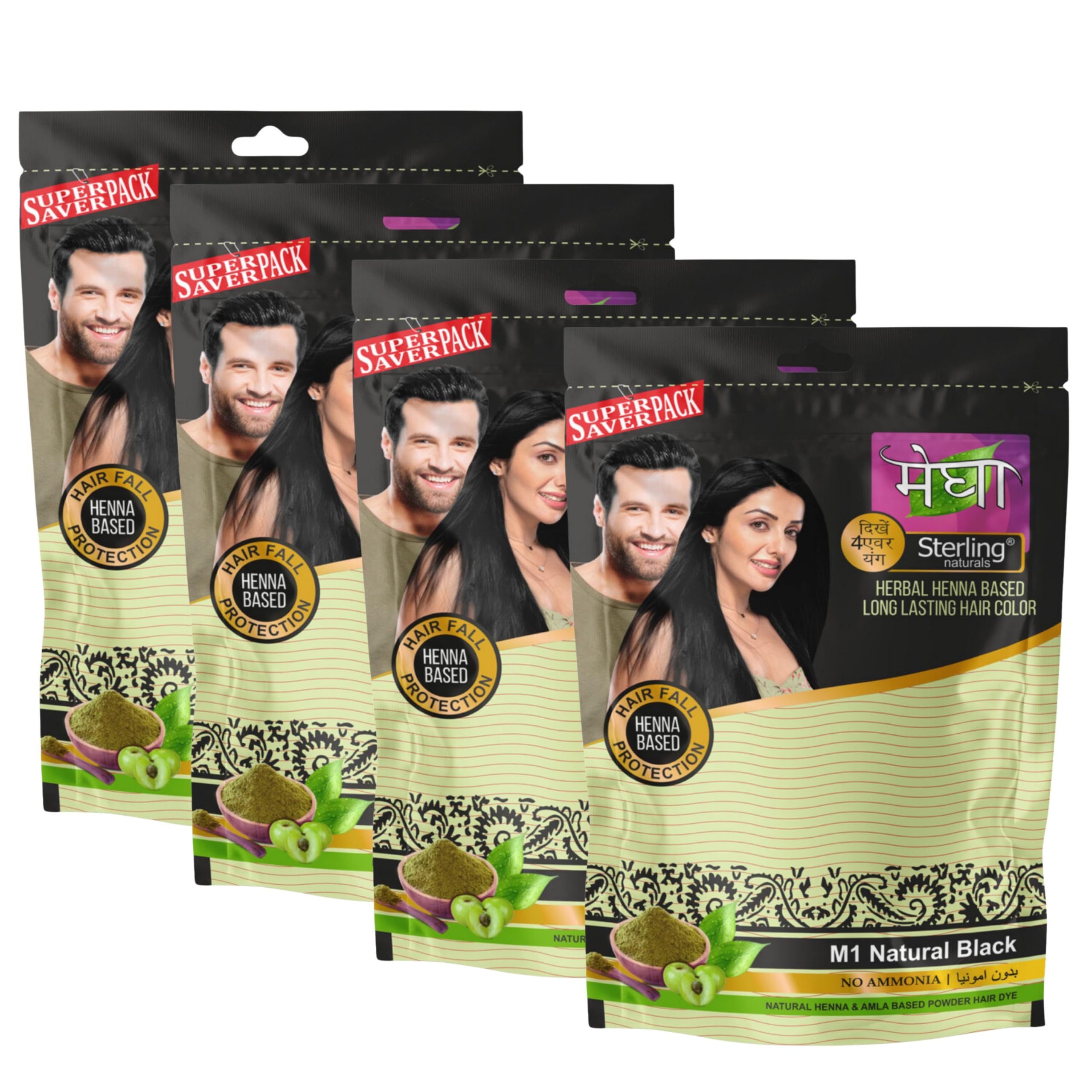 Sterling Naturals Megha Mehandi Hair Care Powder - 4 Pack Natural Hair Color Solution for Men & Women (45g, Black) | Herbal Hair Dye for Gray Coverage & Conditioning at Home