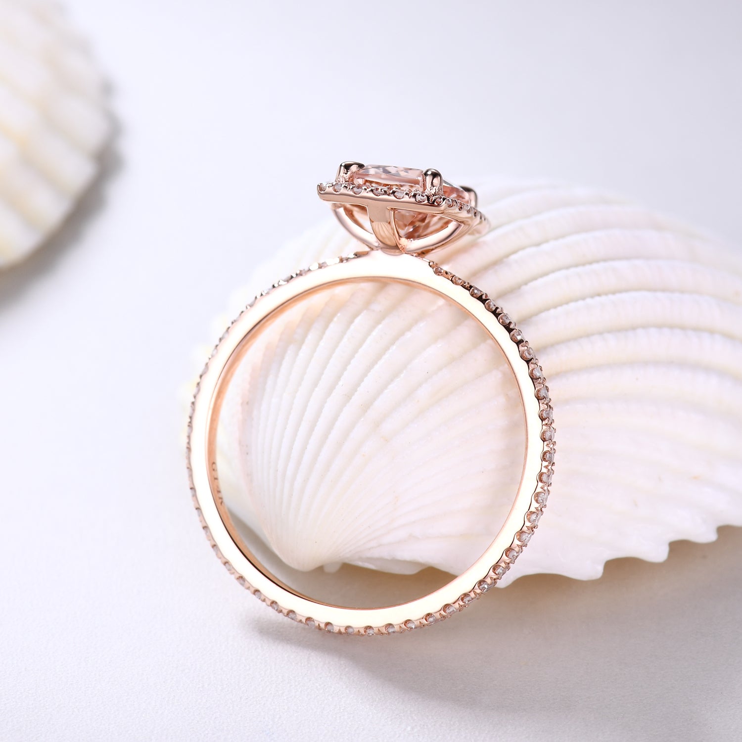 5x7mm Morganite & Diamond Halo Engagement Ring - Petite Thin Band for Women, Wedding Proposal, Anniversary Gift, Bridal Jewelry