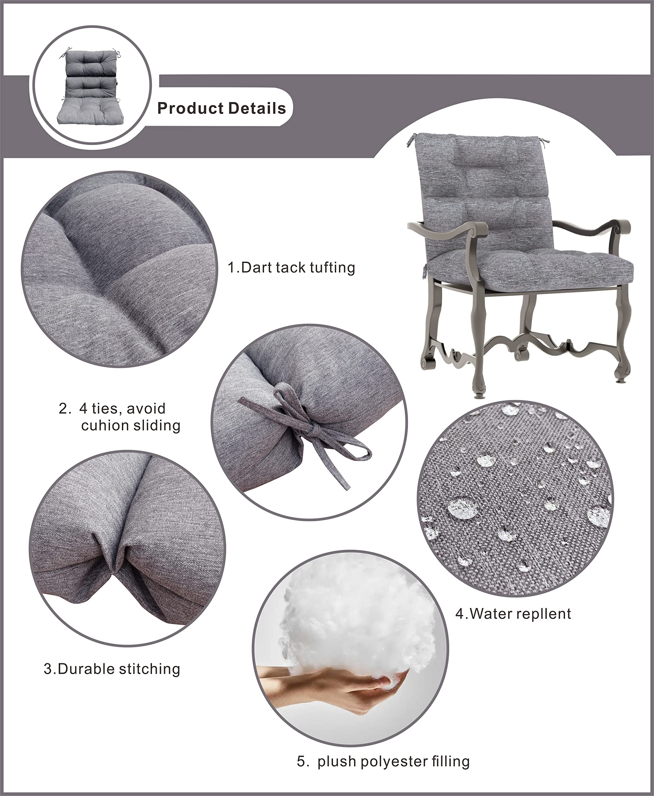 BOSSIMA Outdoor Patio High Back Lawn Chair Cushions - Tufted Square Corner Cushion Set of 2, Taupe - Perfect for Garden, Poolside, and Backyard Relaxation