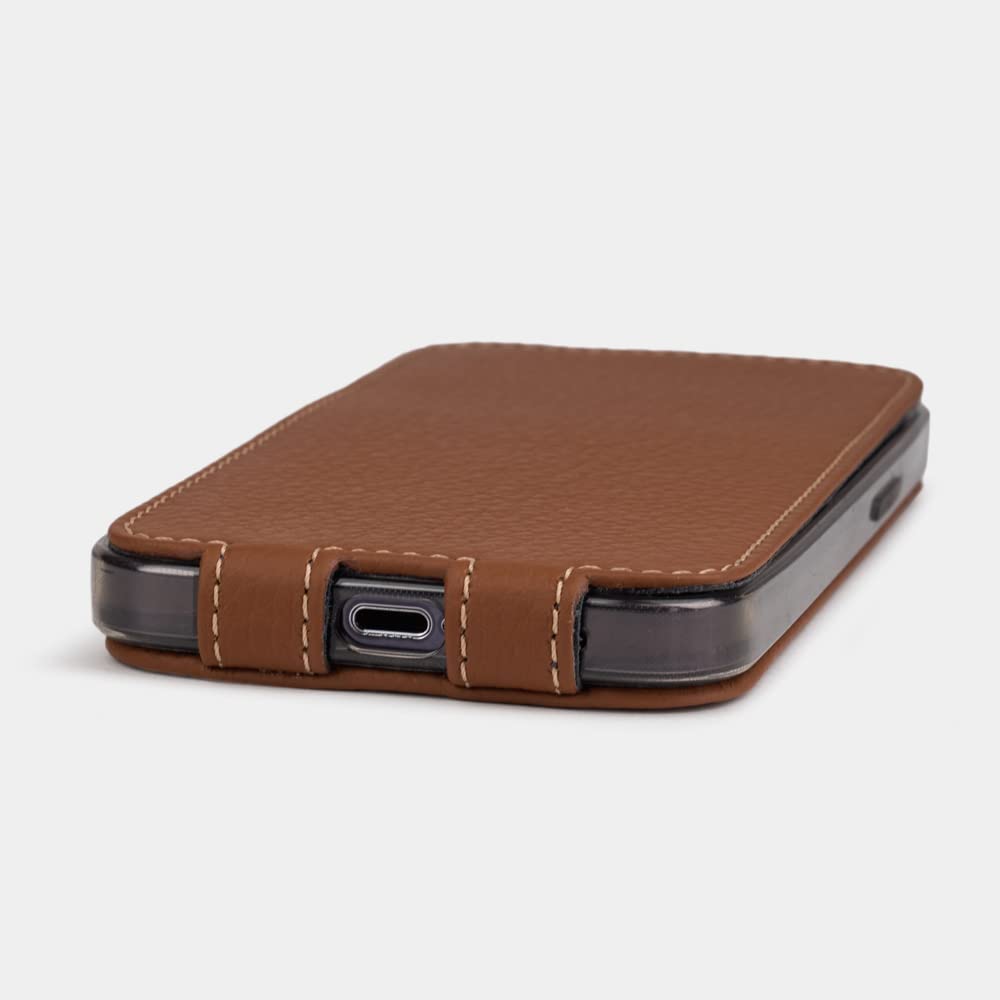 Genuine Leather Flip Case for iPhone 13 Pro Max - Premium French-Made Patented Design - Caramel Brown - Slim Protective Cover for Everyday Use & Business Style
