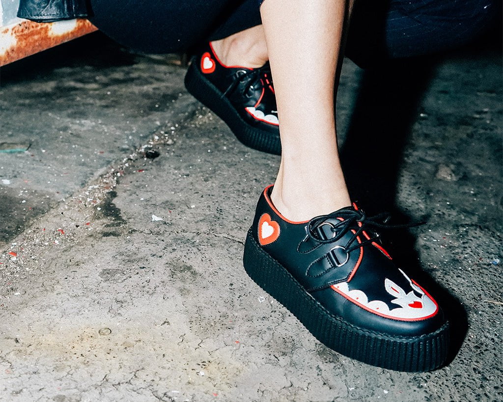 Black & Red Scallop Heart Viva Mondo Creeper Shoes - Stylish Punk Rock Sneakers for Women | Perfect for Concerts, Parties & Alternative Fashion Outfits
