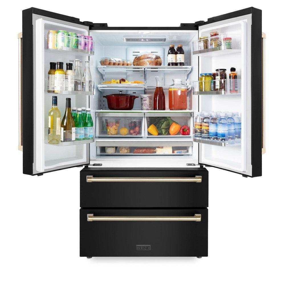 ZLINE Autograph Edition 48-inch Professional Kitchen Package - Black Stainless Steel Dual Fuel Range, Range Hood, Dishwasher & Refrigerator with External Water Dispenser & Polished Gold Accents (4AKPR RABRHDWV48 G) - Perfect for Modern Luxury Kitchens, Restaurant-Style Cooking & Entertaining