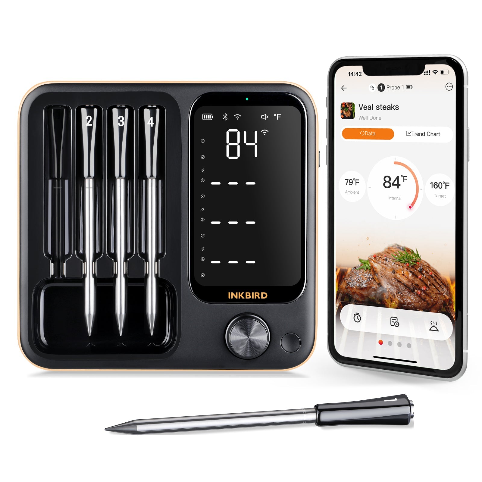 Wireless WiFi & Bluetooth Meat Thermometer for Grilling, Smoking, and Roasting - INT 14 BW - Perfect for BBQ, Kitchen, and Outdoor Cooking