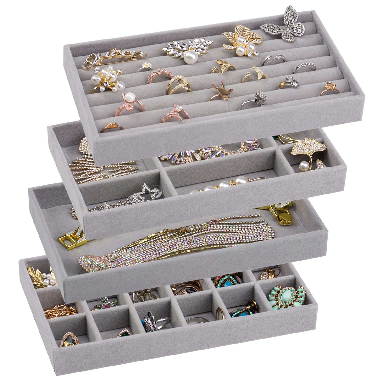 Stackable Velvet Jewelry Organizer Trays - Set of 4 Gray Drawer Inserts for Earrings, Rings, Watches, Bangles & Necklaces | Jewelry Storage Solution for Dressers, Vanities & Travel Cases