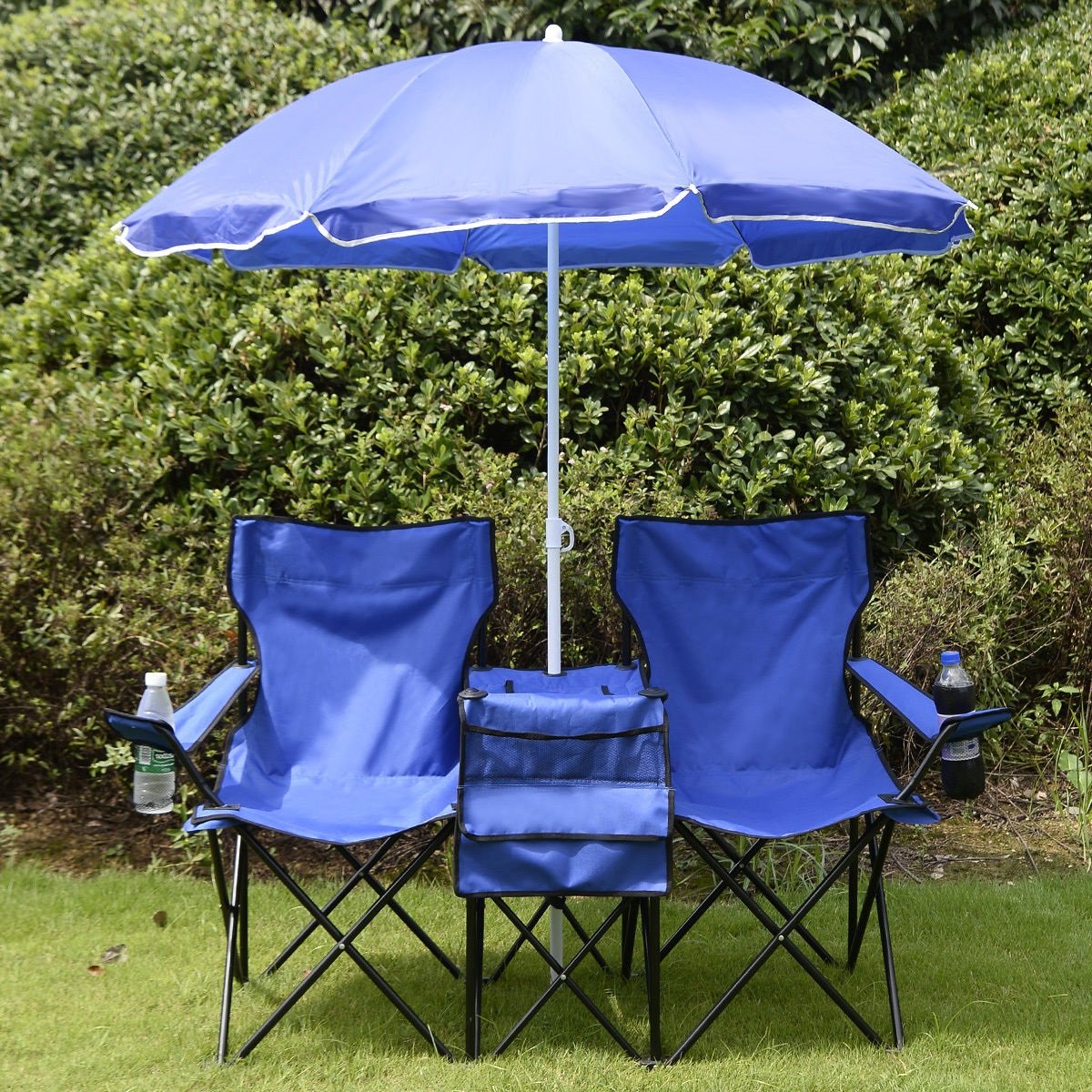 Portable Folding Picnic Double Chair with Umbrella Table Cooler - Perfect for Beach, Camping, Outdoor Relaxation & Backyard BBQs