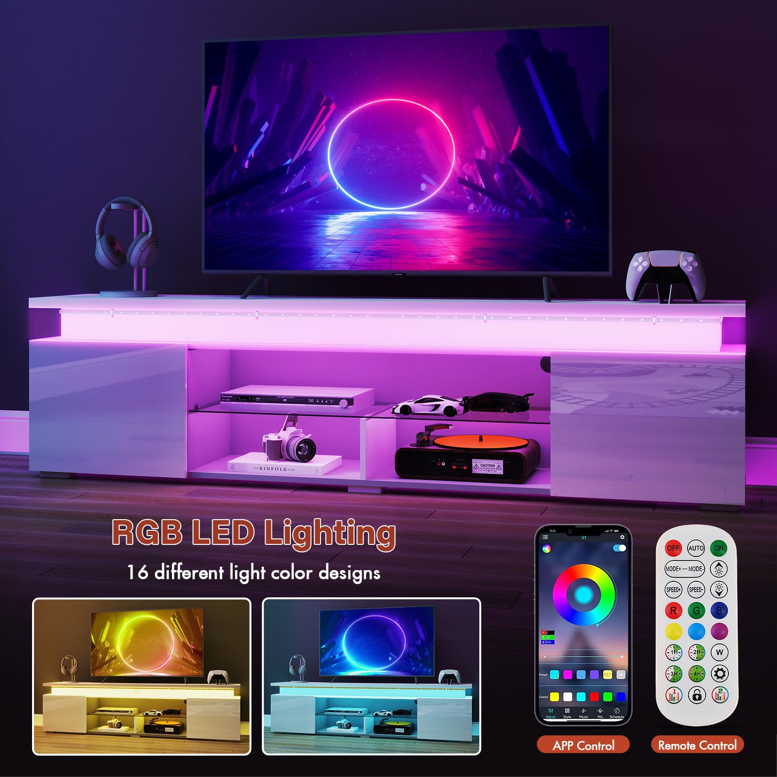 Modern White TV Stand with Light for 75-85 Inch TVs - Entertainment Center with Storage Cabinet & Open Glass Shelves - 2 AC Outlets - Perfect for Living Room & Bedroom - Stylish Media Console for Home Theater Setup & Family Entertainment