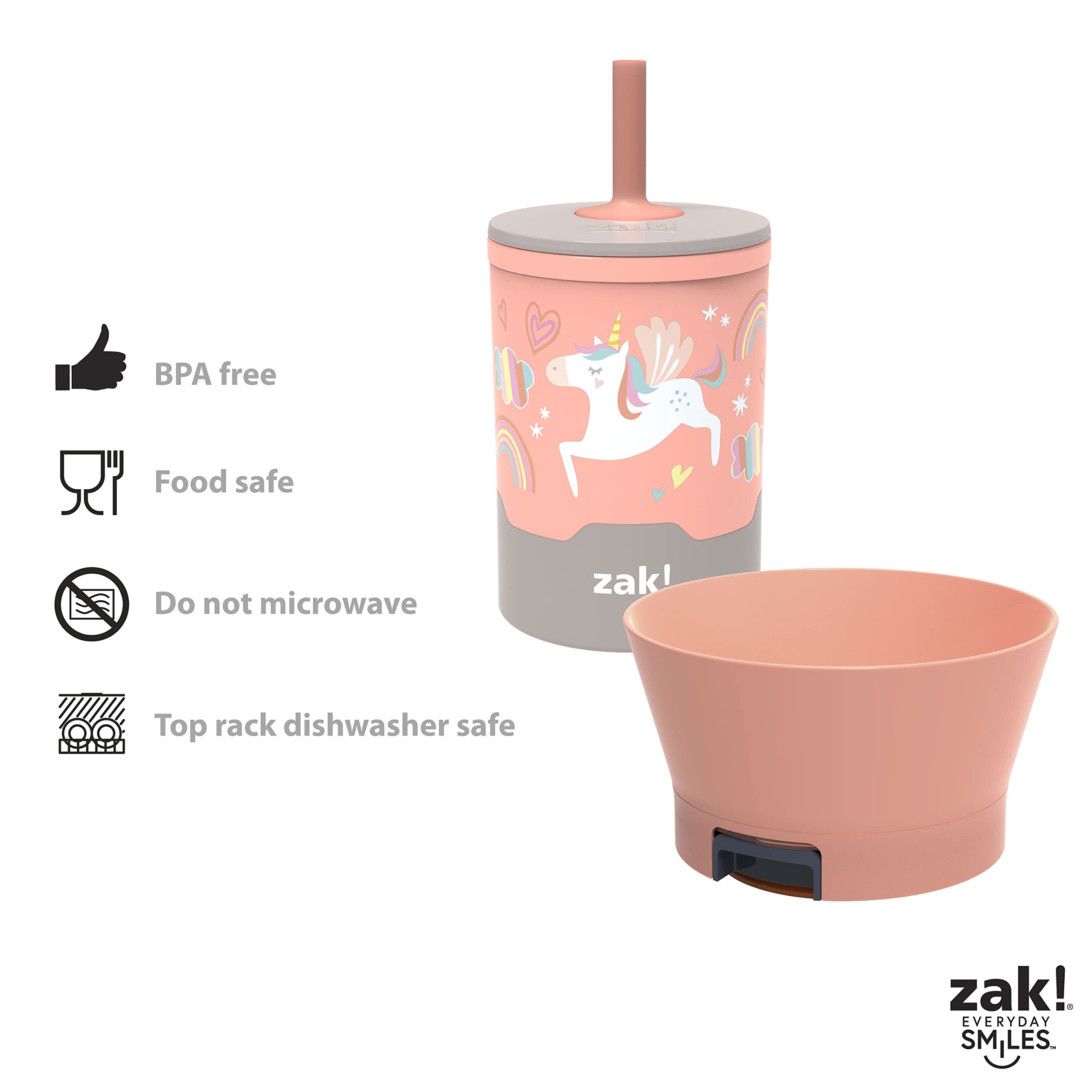 Zak Designs Mighty Mug Kids Dinnerware Set - Spill-Proof Plastic Cup & Tip-Proof Bowl, BPA-Free & Durable (10oz, 2-Piece, Unicorn) - Perfect for Toddlers Mealtime, Daycare or Travel