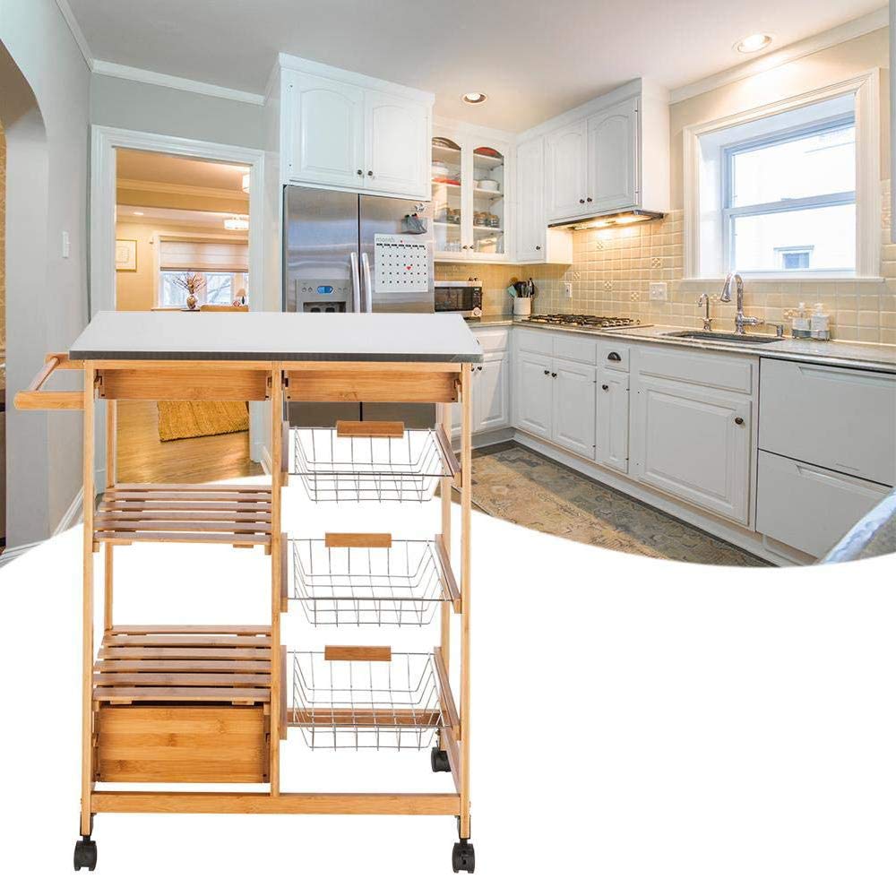 Stainless Steel Rolling Kitchen Island Cart with 3 Drawers & 3 Baskets - Wooden Mobile Serving Cart for Food & Beverages Storage - Perfect for Small Kitchens, Dining Rooms & Buffet Serving (Natural Wood Color)
