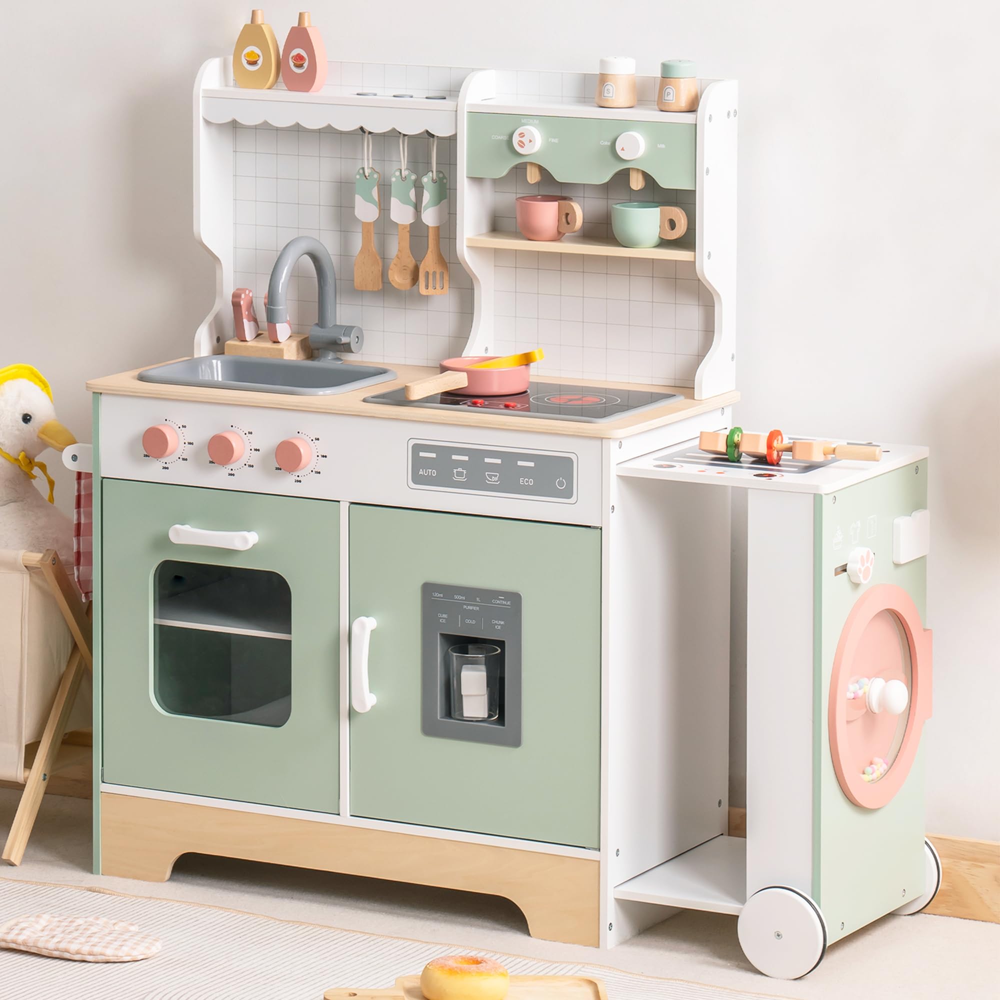 ROBUD Wooden Play Kitchen Set for Kids & Toddlers - Pretend Play Toy Kitchen with BBQ Grill, Ice Maker, Coffee Machine & Accessories - Interactive Kitchen Playset with Lights & Sounds - Perfect Gift for Boys & Girls Ages 3+ - Great for Imaginative Play, Role-Playing & Early Learning Development