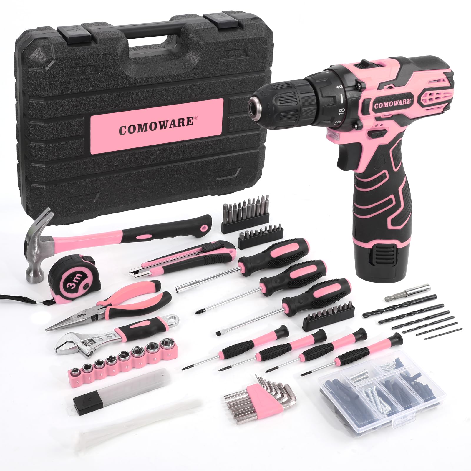 COMOWARE 195PCS Pink Home Tool Kit with 12V Cordless Power Drill - Household Repair Tool Set with Storage Case - Perfect for Women DIY Projects, Home Maintenance & Small Fixes