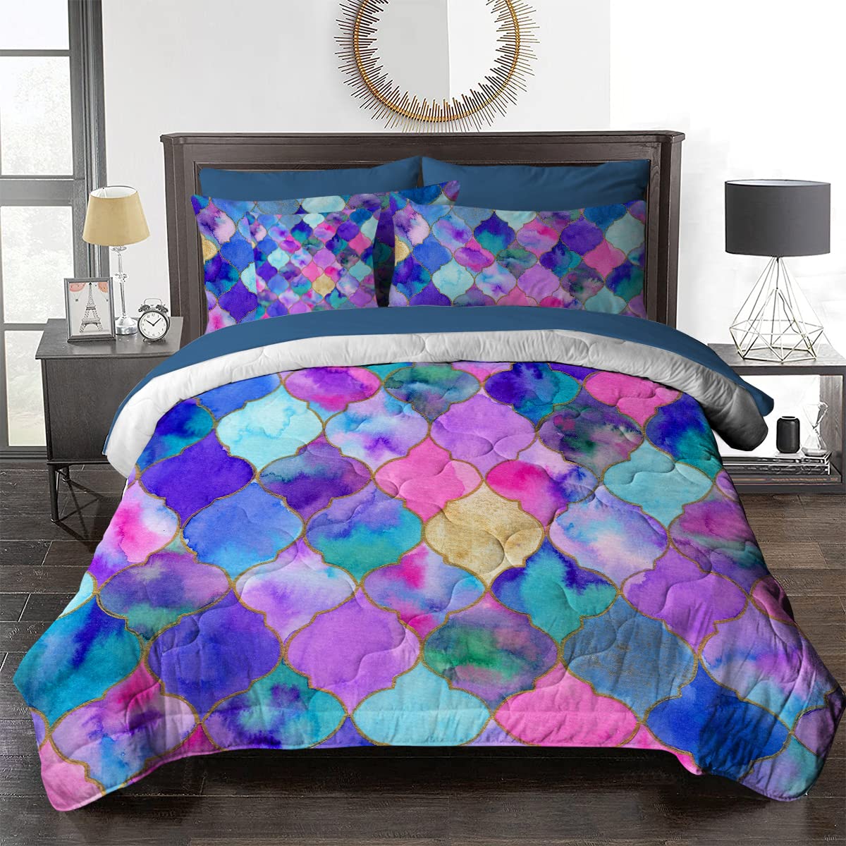 BlessLiving 8-Piece Boho Comforter Set Full Size - Mediterranean Style All Season Bed in a Bag with Down Alternative Comforter & Sheets (Purple, Blue, Pink) for Cozy Bedroom Decor & Guest Room Makeover