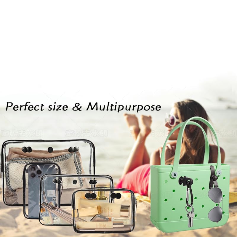 3 Pack Clear Beach Tote Bag Organizers - Waterproof Insert with 2 Hooks for Bogg Bags | Key Holder, Travel Makeup & Toiletry Organizer | Perfect for Cosmetic Storage, Cellphone Pouch & Brush Divider (Black) - Ideal for Beach Trips, Poolside & Vacation Essentials