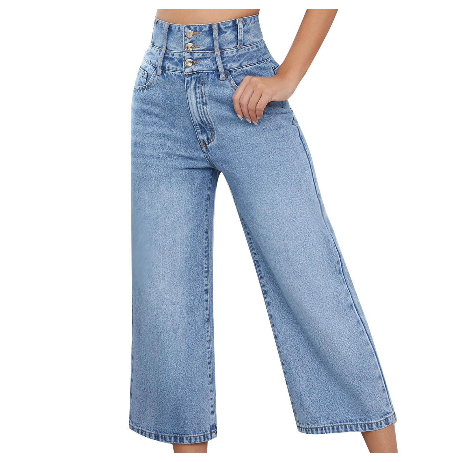 Women's High Waisted Stretch Capri Jeans - Baggy Denim Pants with Straight Wide Leg & Flared Cropped Design | Casual Comfort for Summer, Beach & Everyday Wear