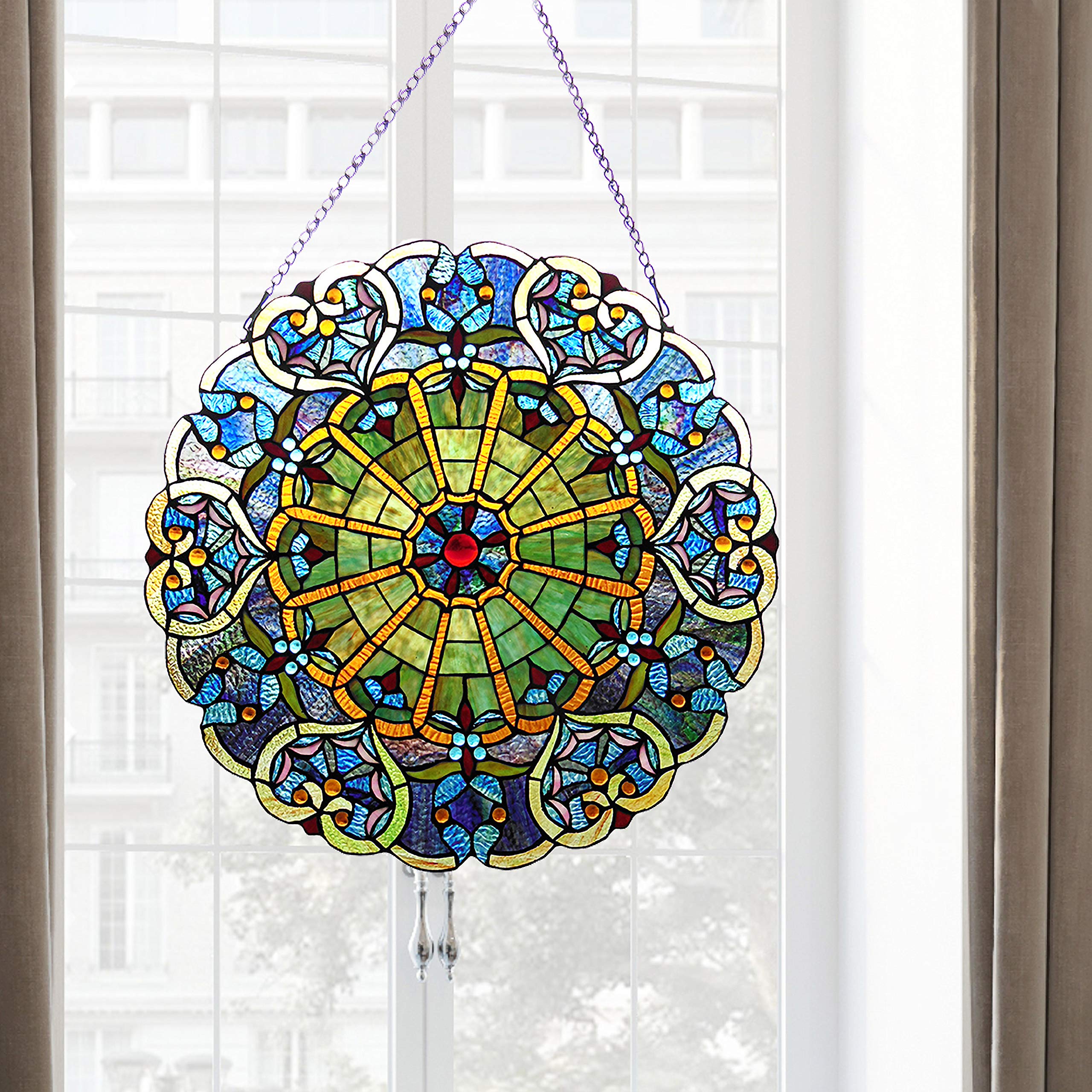 Tiffany-Style Stained Glass Victorian Window Panel - 23 Inch Handcrafted Art Glass for Home Decor, Church, or Office