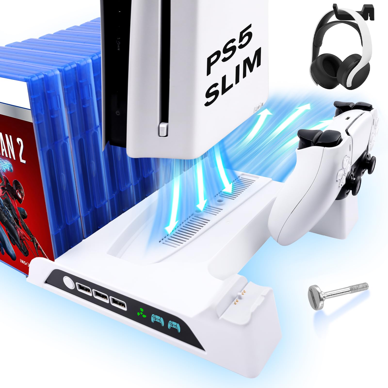 SIKEMAY PS5 Slim Stand Cooling Station with Dual Controller Charger - Vertical Stand for PlayStation 5 Slim with 2H Fast Charging, Silent Cooling Fan, 3 USB Hub, 14 Game Storage & 2 Headset Holder (White) - Perfect for Gaming Setup & Console Organization
