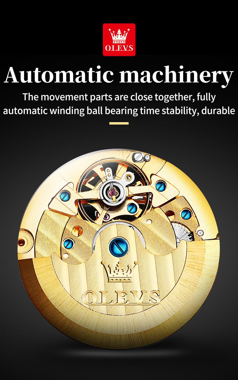 OLEVS Men's Automatic Mechanical Watch - Skeleton Design, Waterproof, Stainless Steel Band - Perfect for Business, Casual & Outdoor Activities